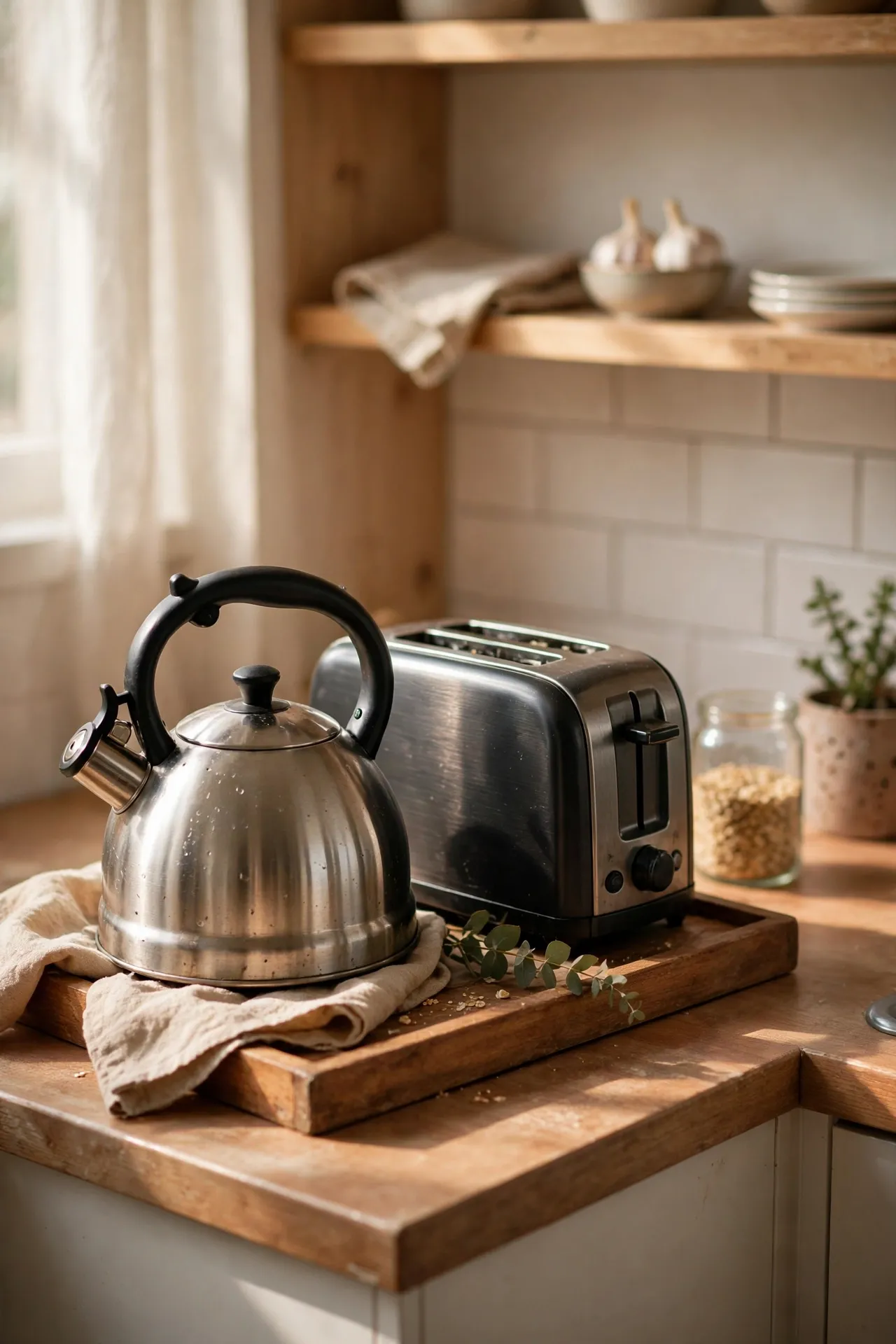 Kettle and toaster grouped on a wooden tray on a kitchen counter