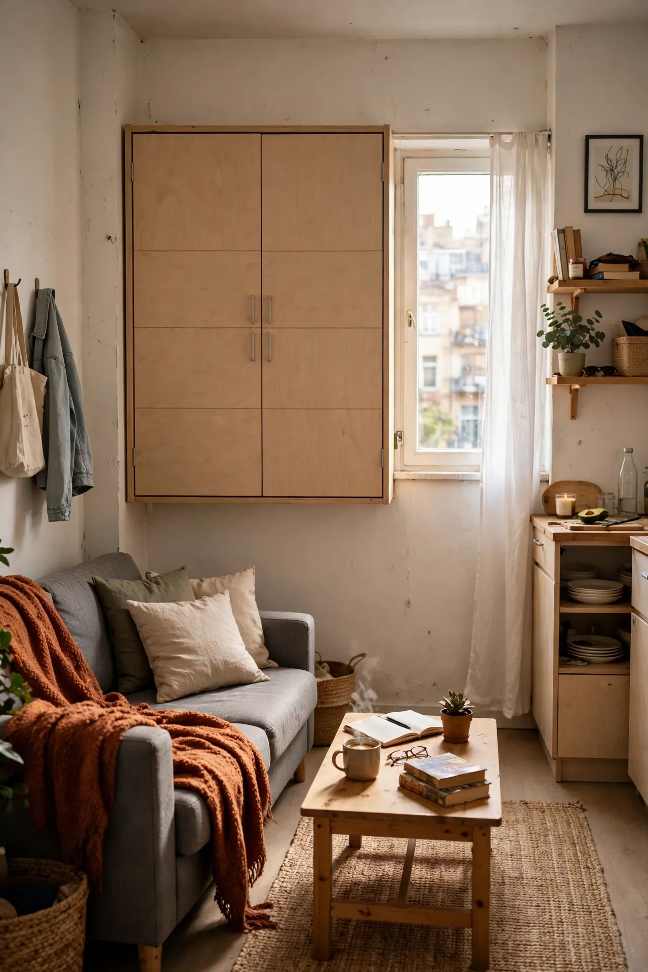 Fold-down wall bed folded up to reveal living space in a micro-apartment
