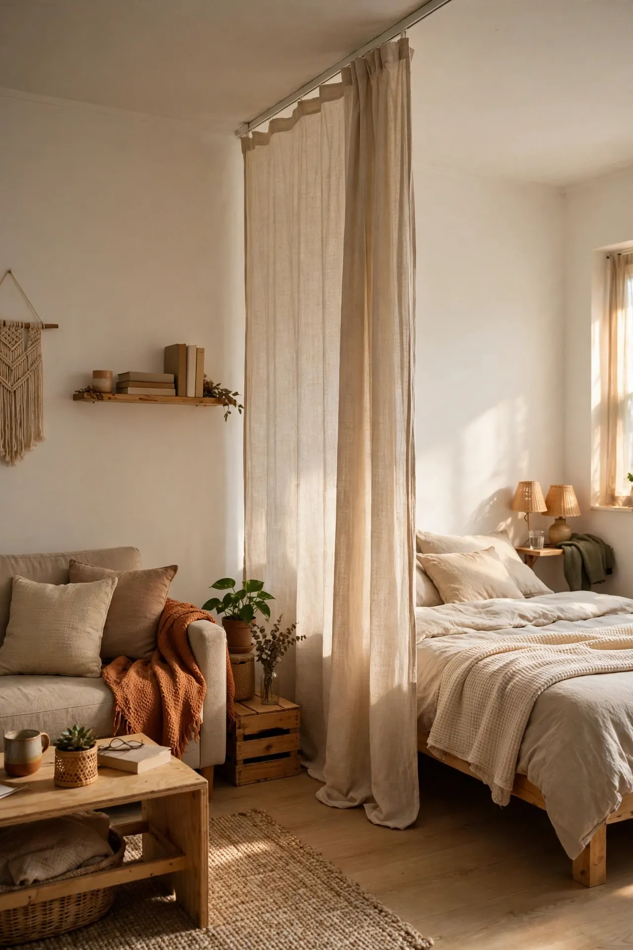 Ceiling curtain dividing a sleeping area from a living area in a studio