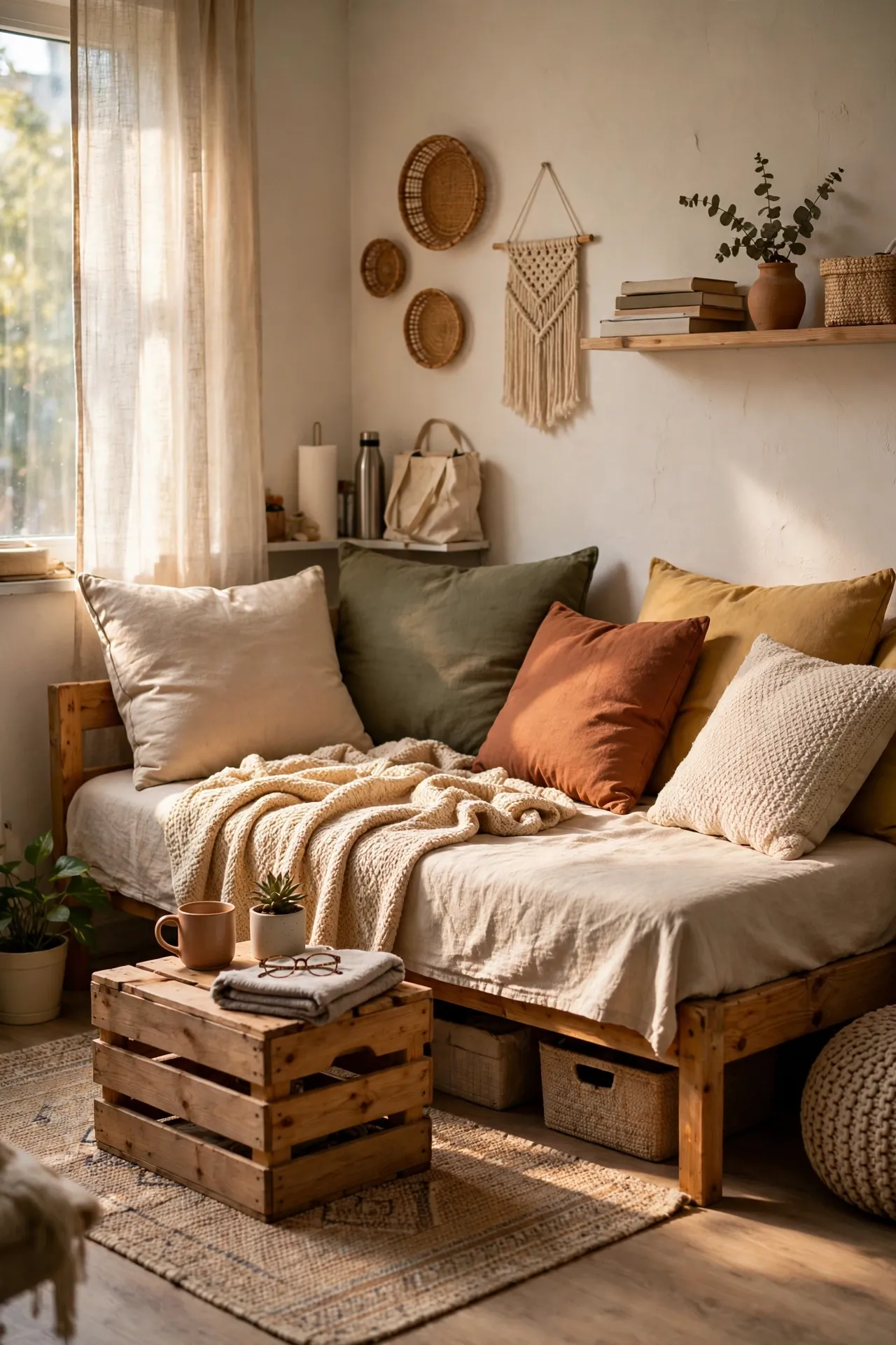 Daybed styled as a sofa with large cushions in a micro-apartment
