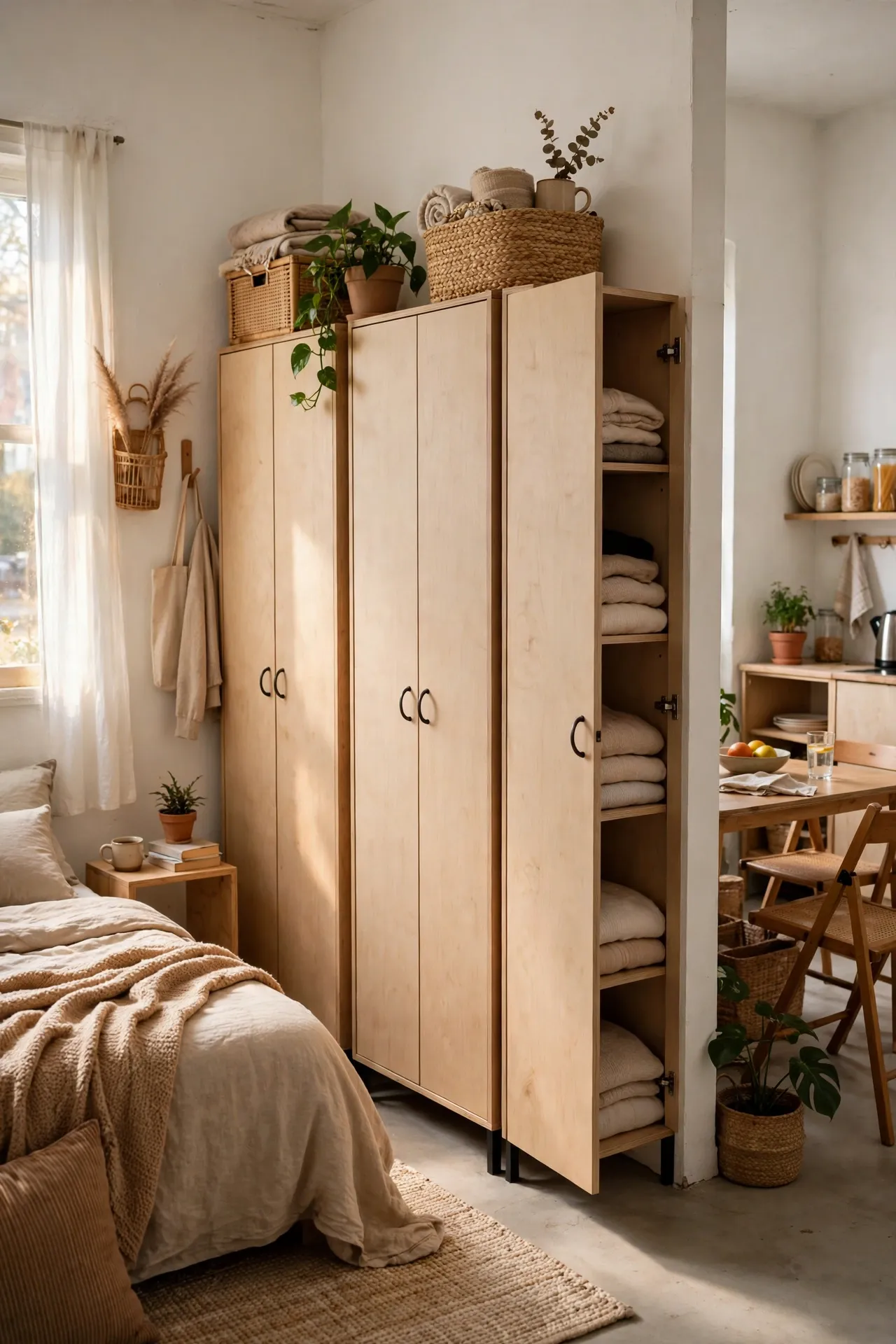 Freestanding wardrobes forming a divider wall in a studio apartment