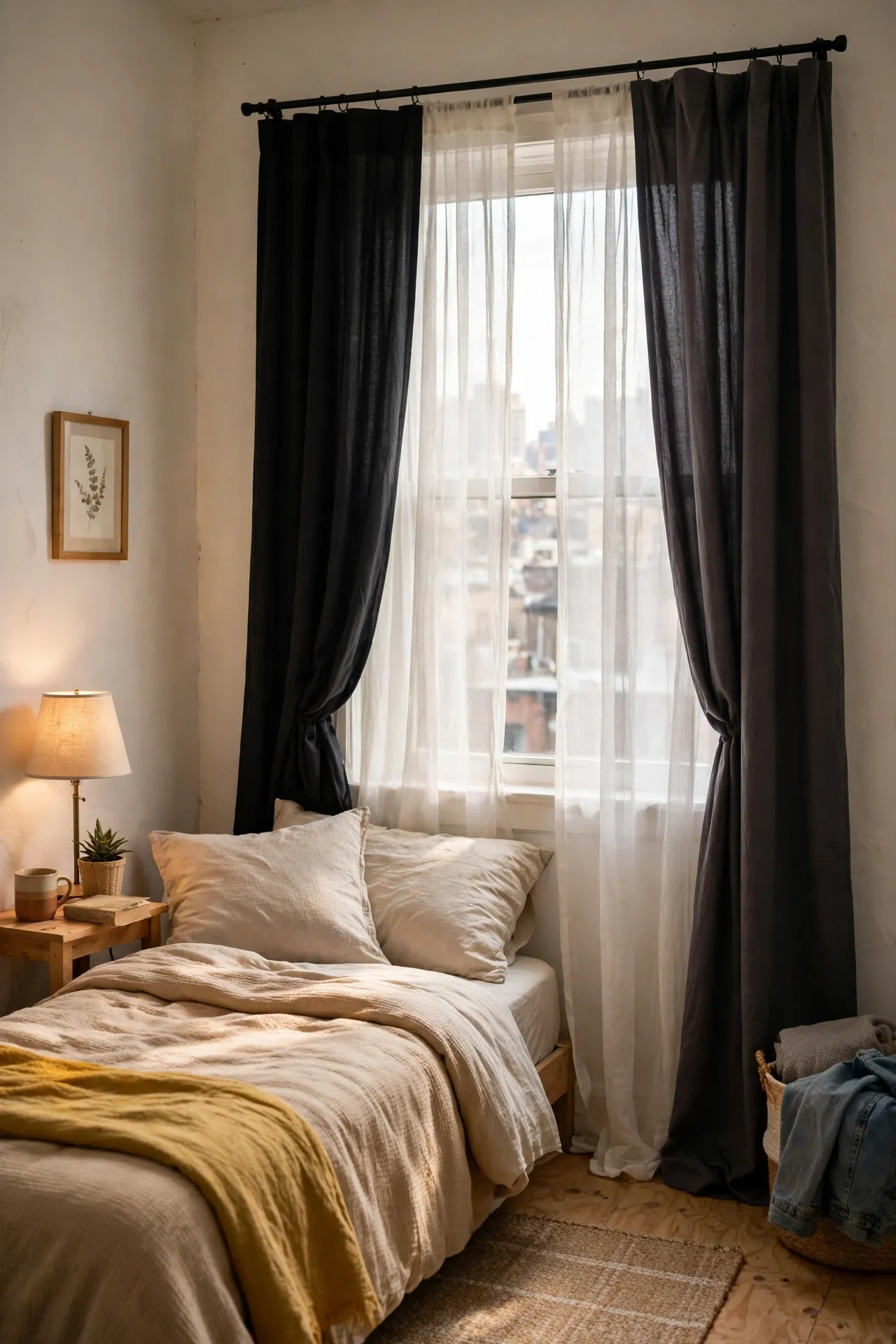 Blackout curtains layered over sheer curtains in a small bedroom