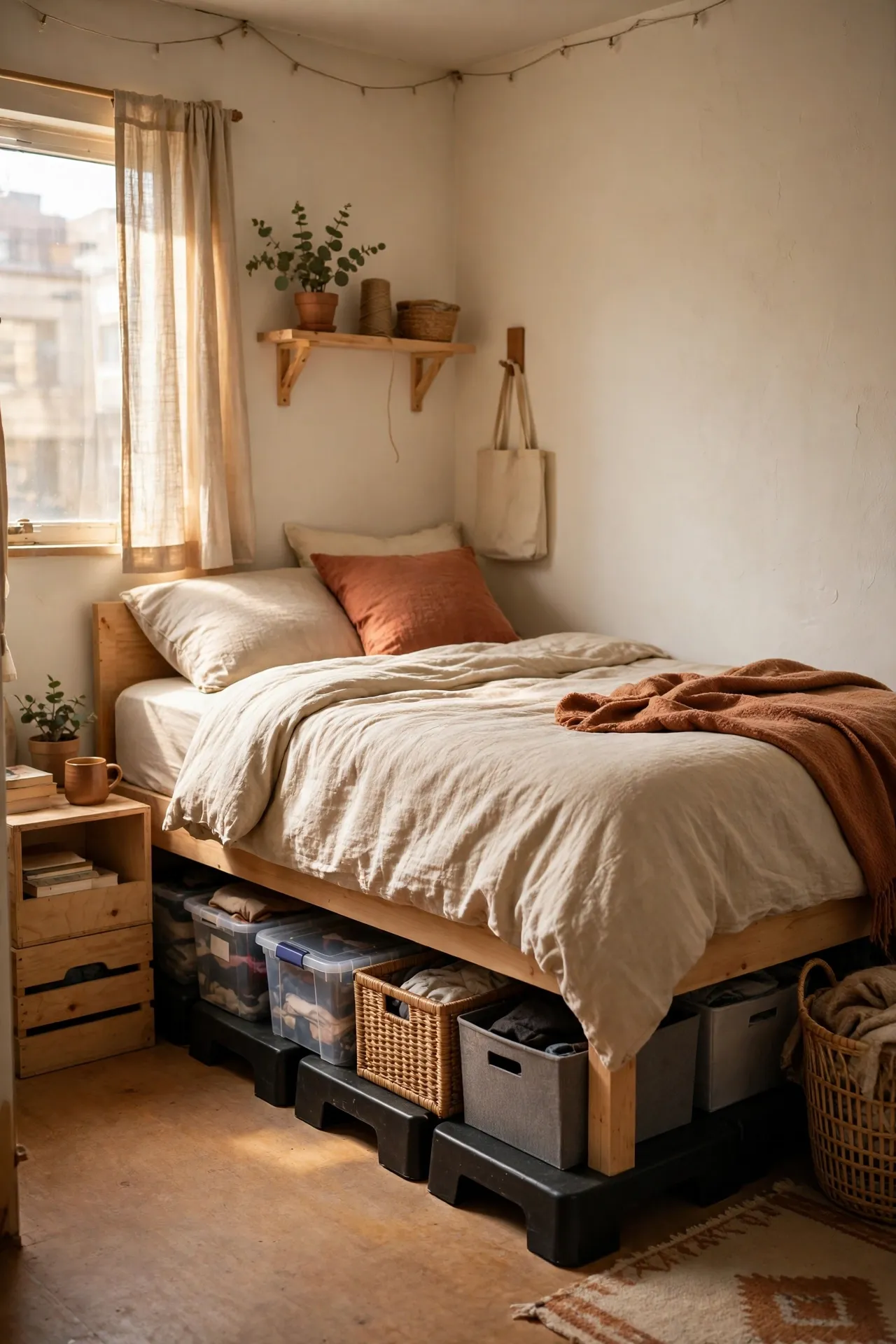 Bed raised on risers with storage bins underneath in a small apartment
