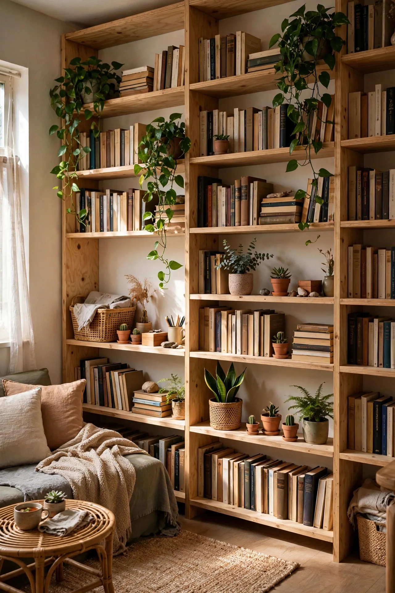 Floor-to-ceiling shelving wall with books and plants in a micro-apartment