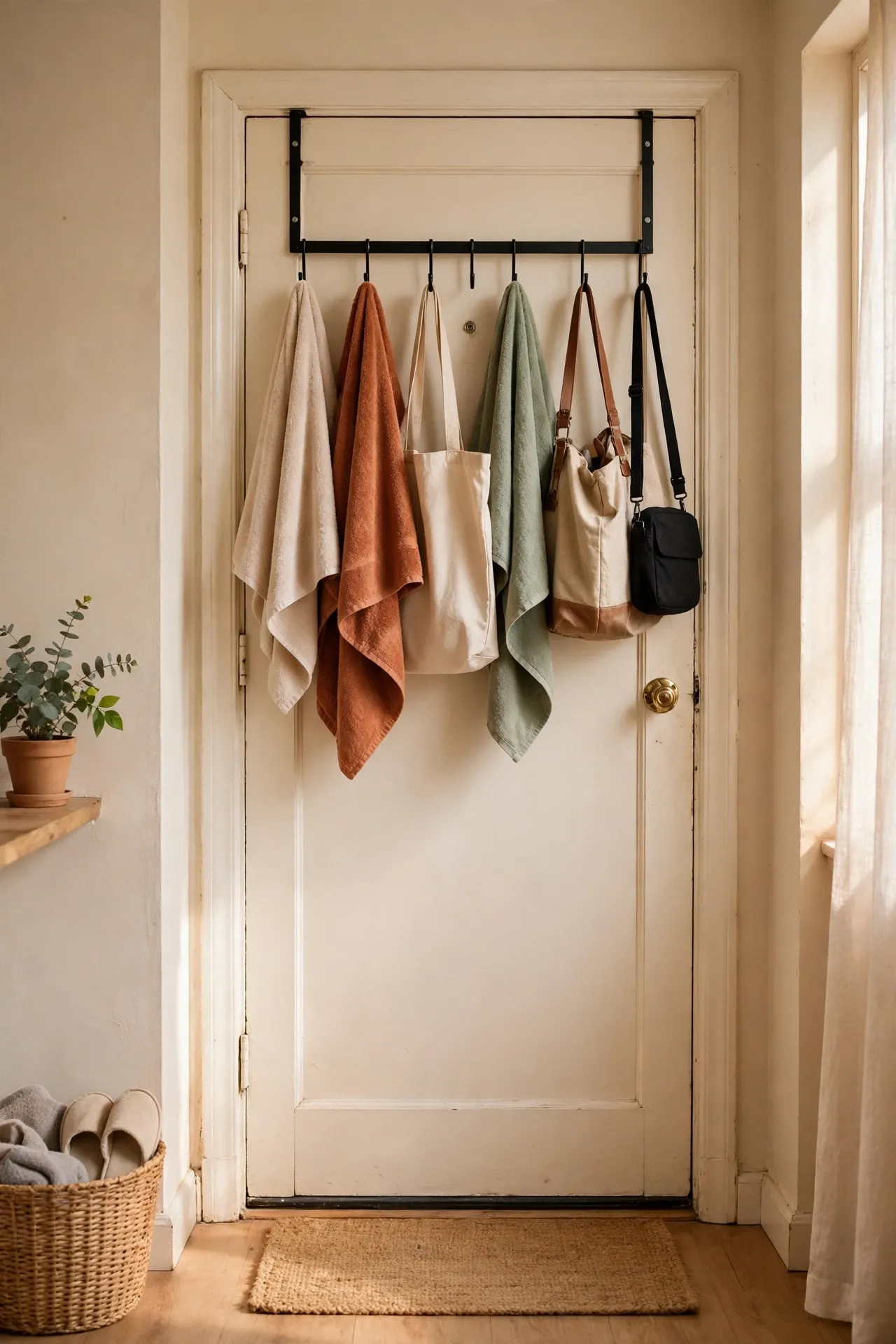 Over-door rack holding towels and bags on a bedroom door