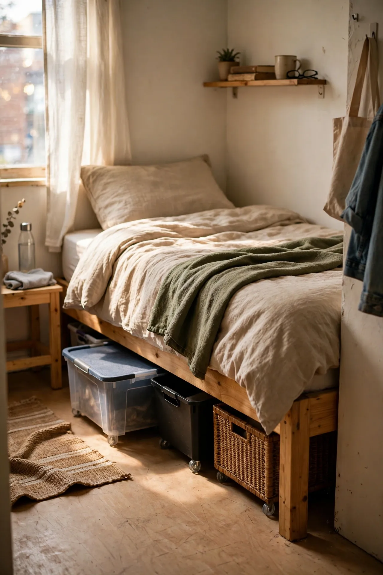 Rolling storage bins sliding under a bed in a small apartment