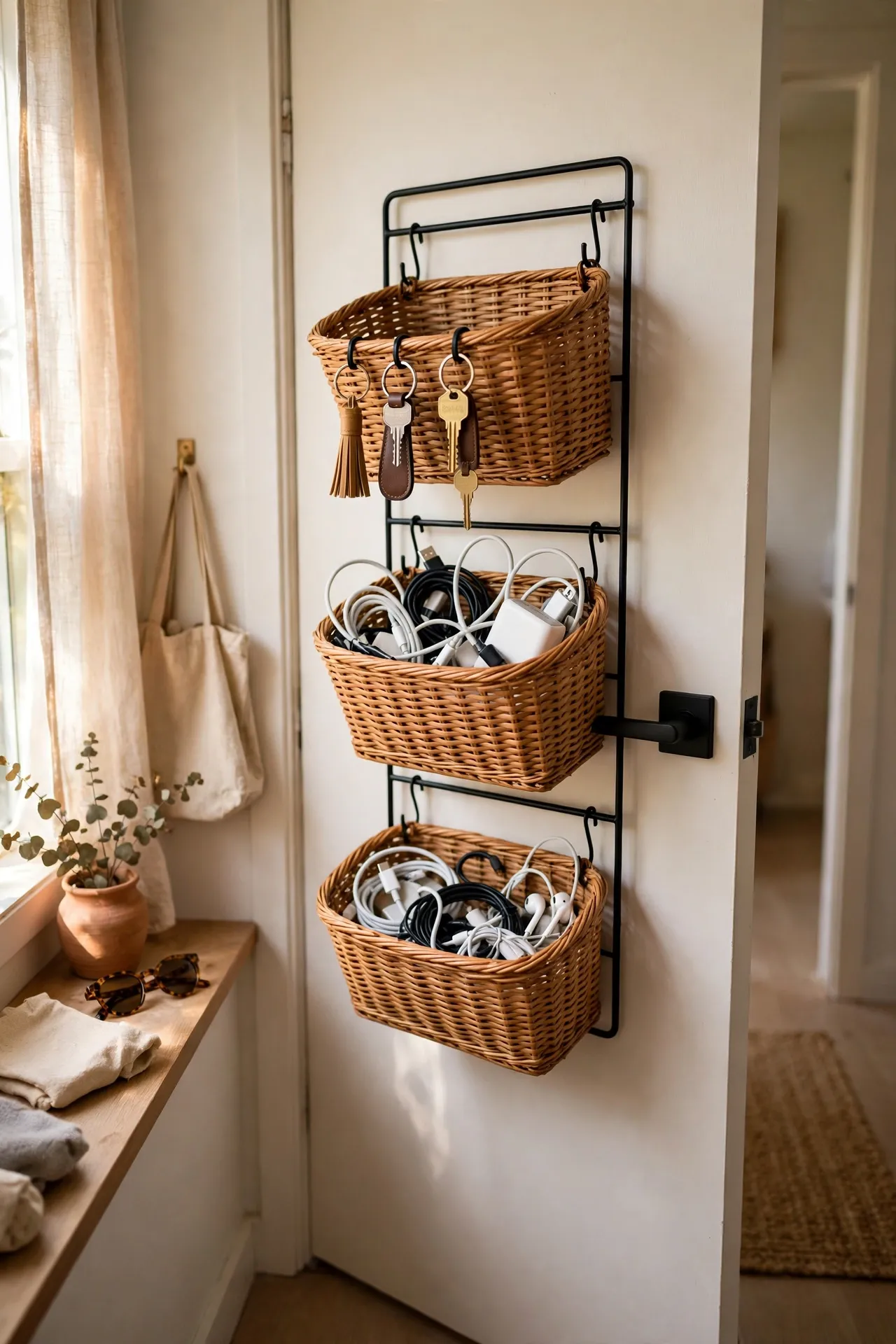 Hanging baskets on the back of a door holding keys and chargers