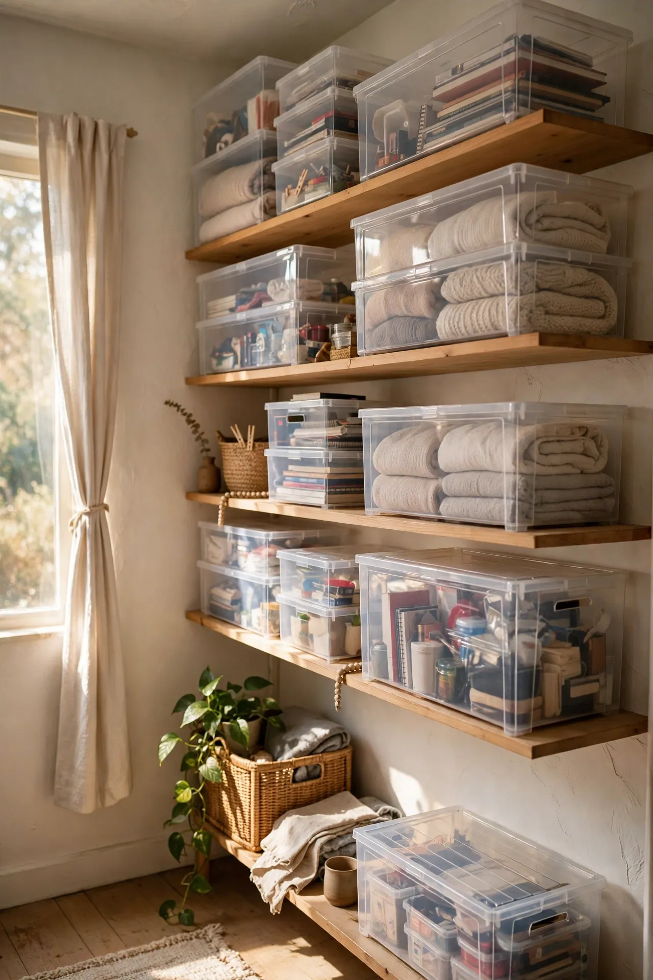 Clear labelled boxes stacked on high shelves in a small apartment