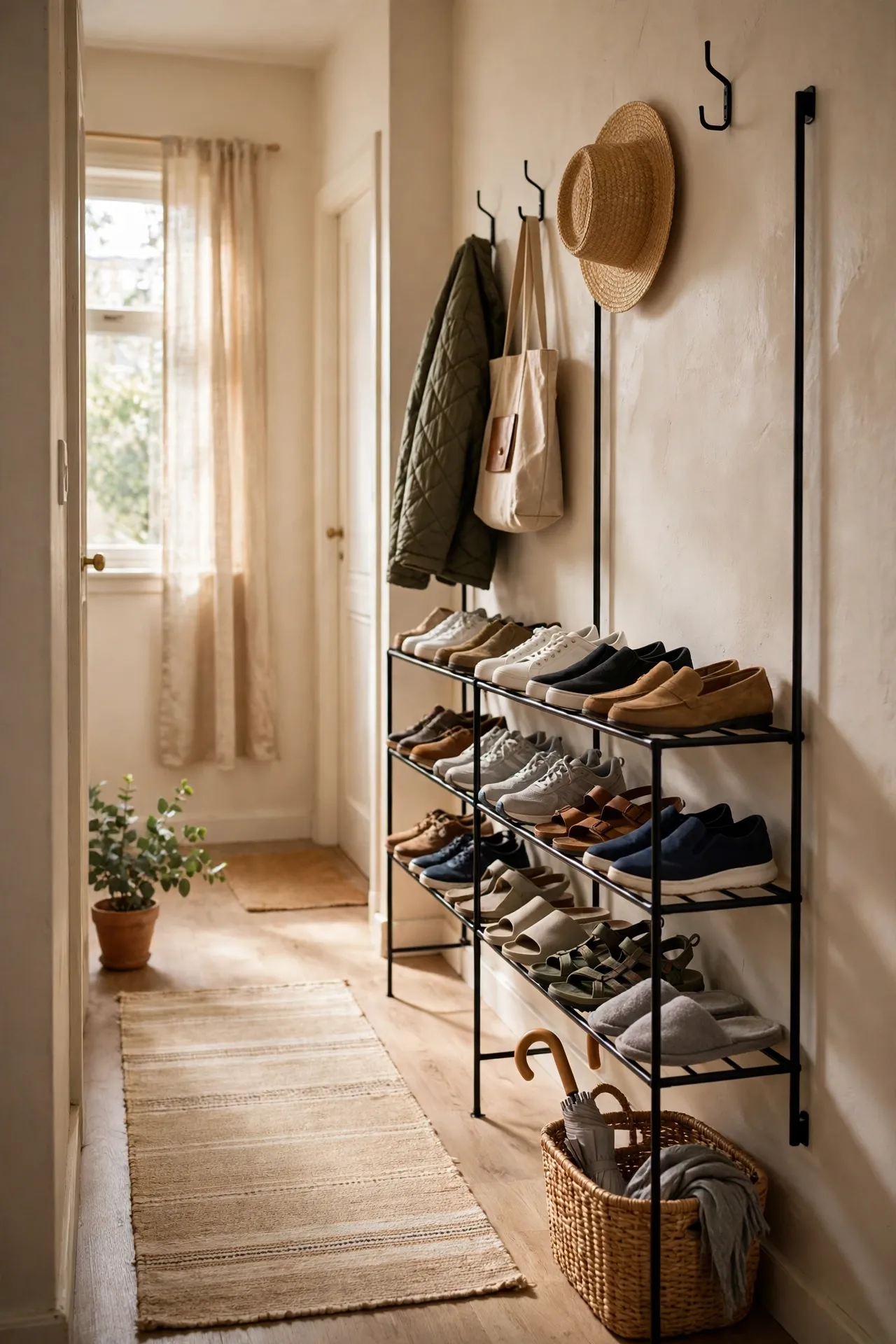 Slim shoe racks along a narrow apartment hallway wall