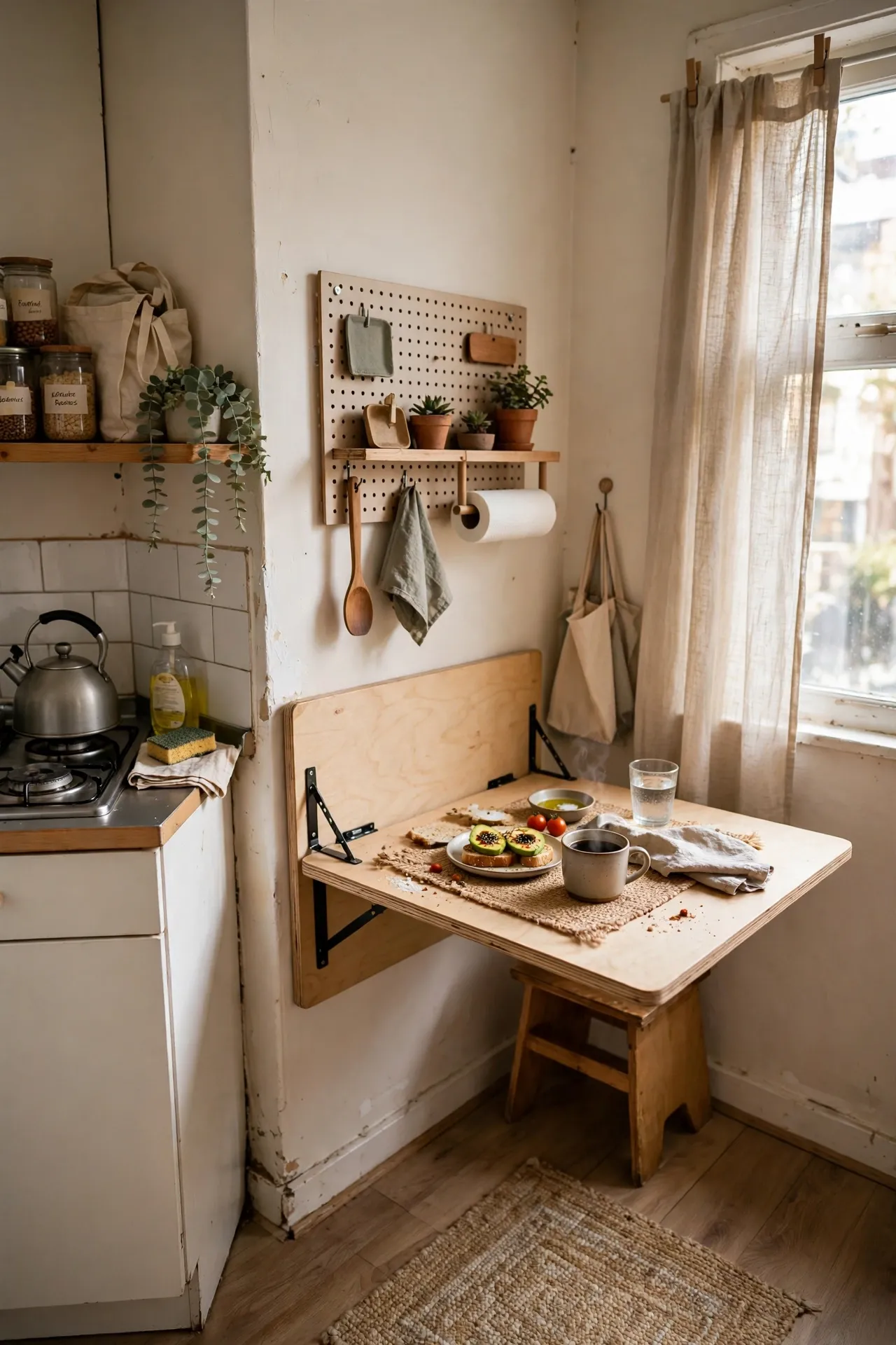 Fold-down wall table open for dining in a tiny kitchen corner