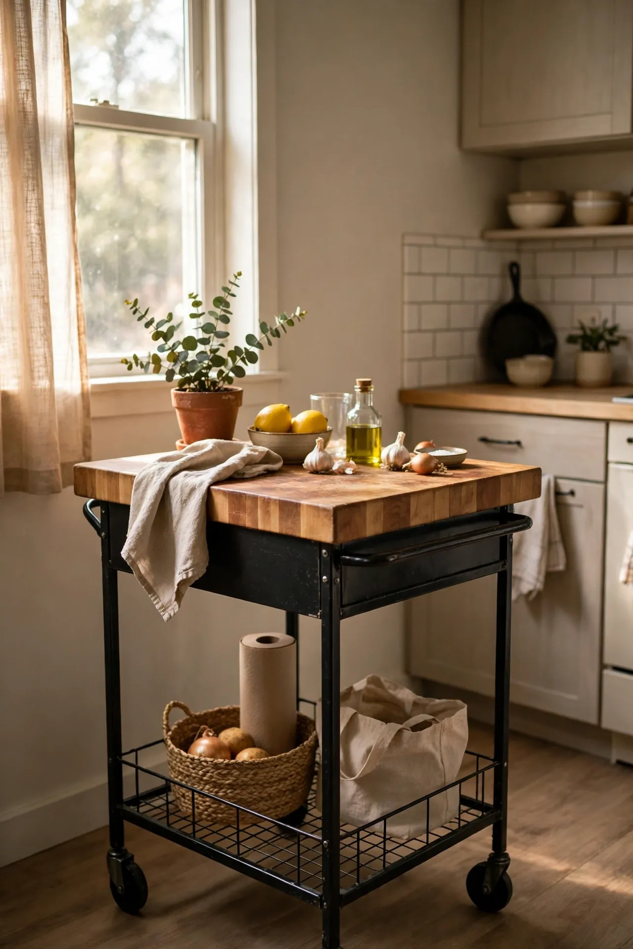 Rolling kitchen cart with butcher block top in a micro-apartment