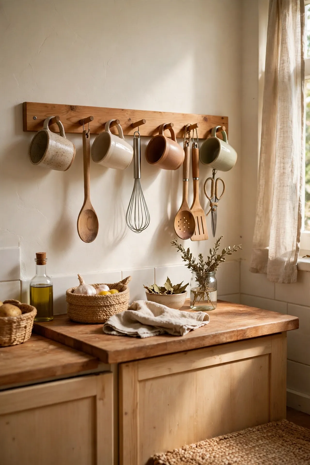 Peg rail with hanging mugs and kitchen tools in a small kitchen