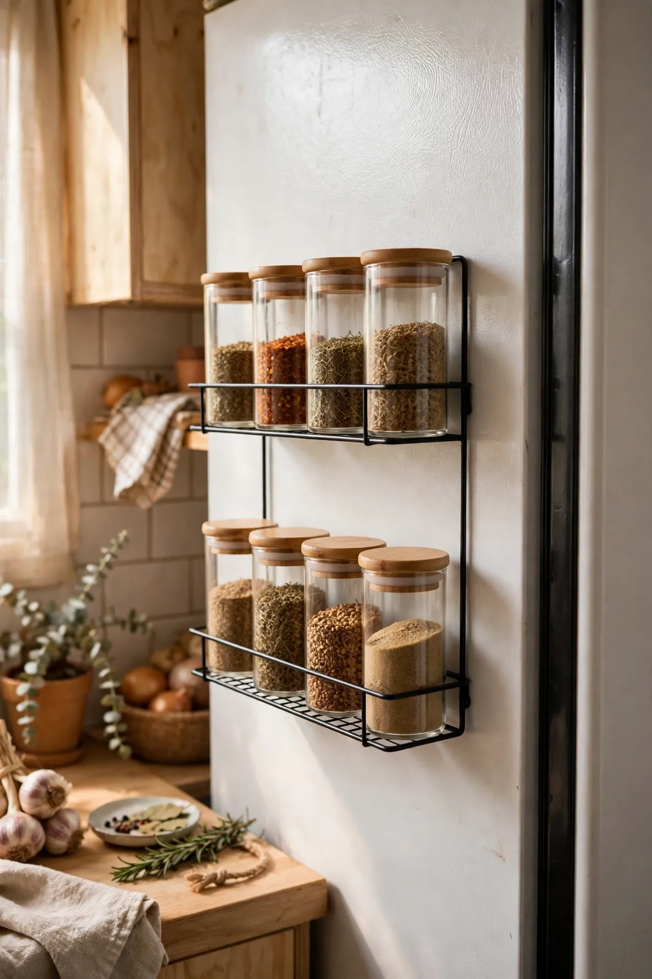 Magnetic spice shelves on the side of a fridge in a small kitchen