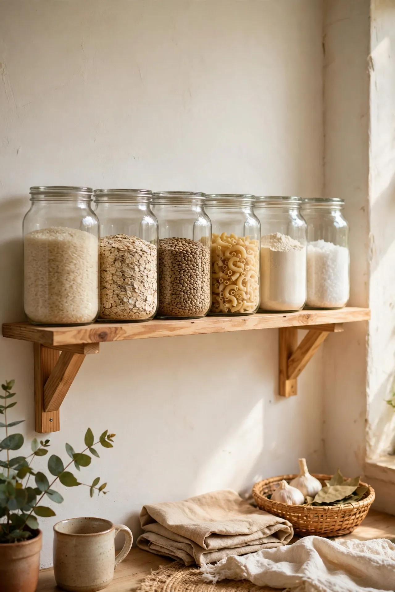 Uniform glass jars of pantry staples on a small kitchen shelf