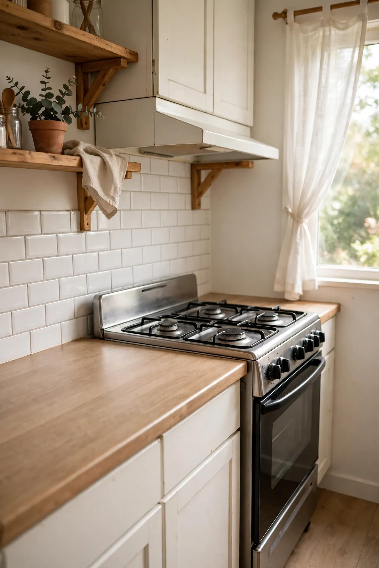 Clear empty counter strip beside a stove ready for cooking