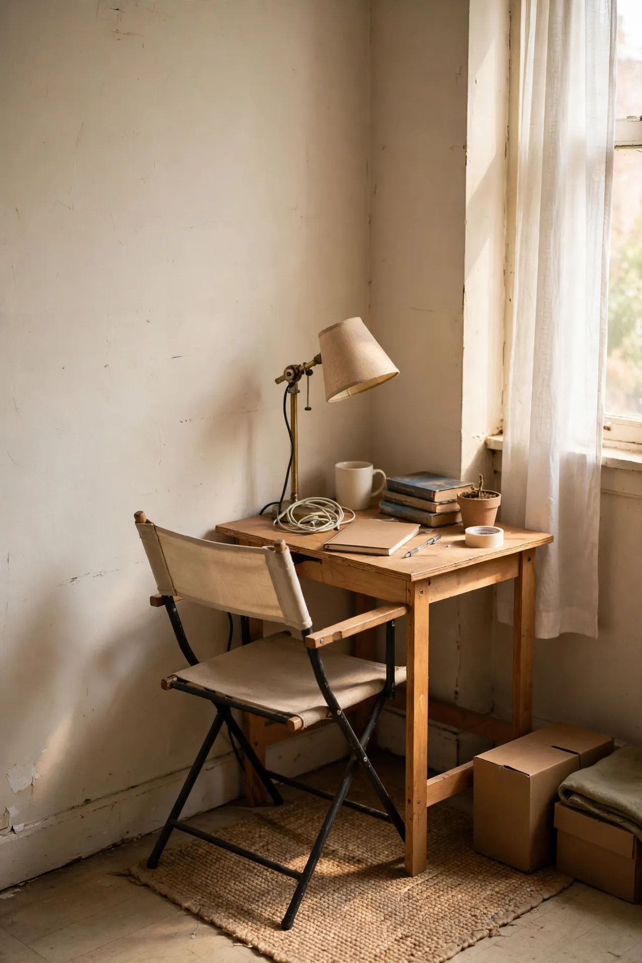 Small desk nook in an unused apartment corner with lamp and chair