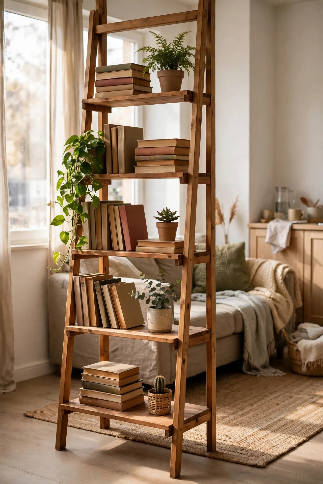 Ladder shelf used as a room divider in a studio apartment