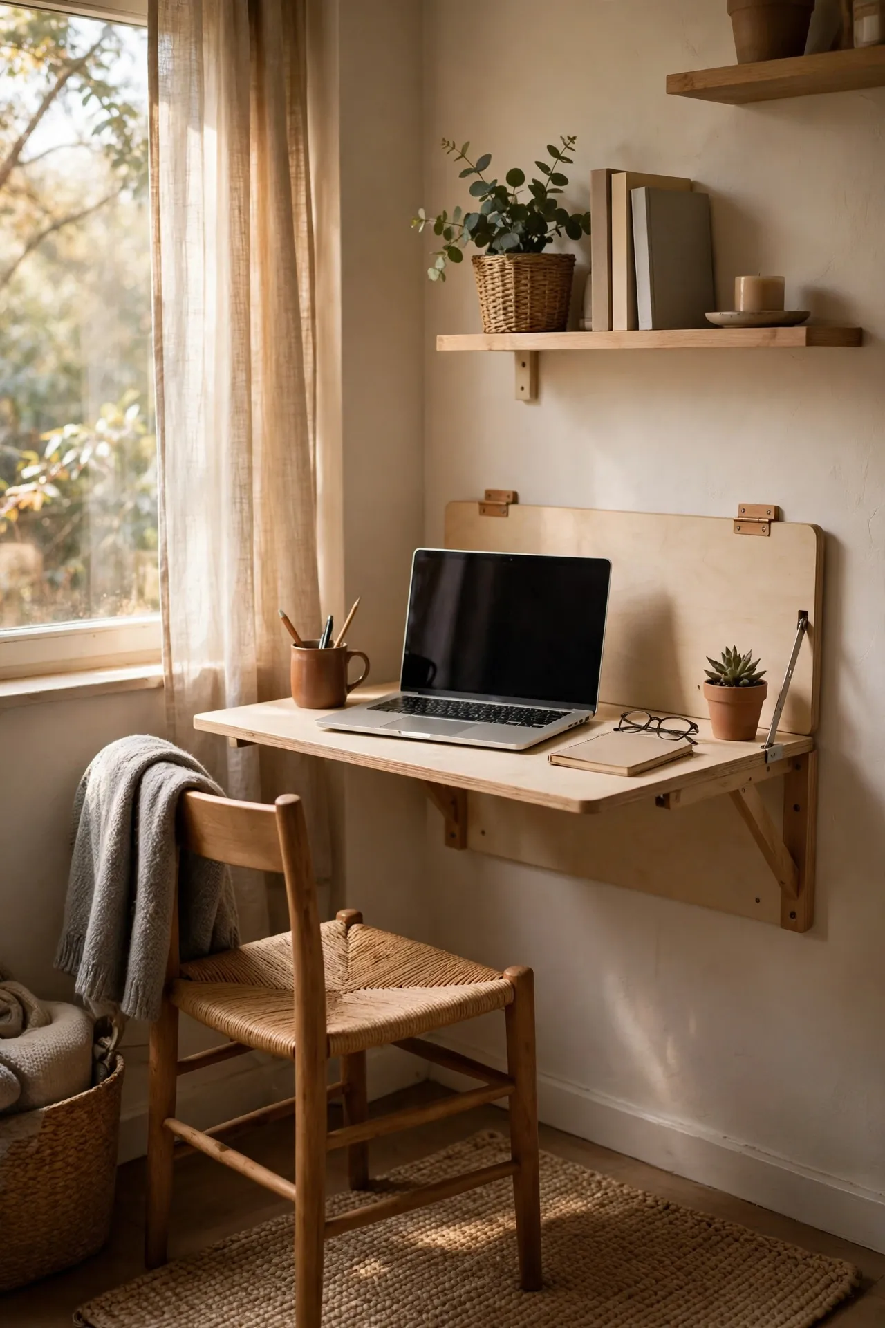 Fold-away wall desk open for work in a small apartment