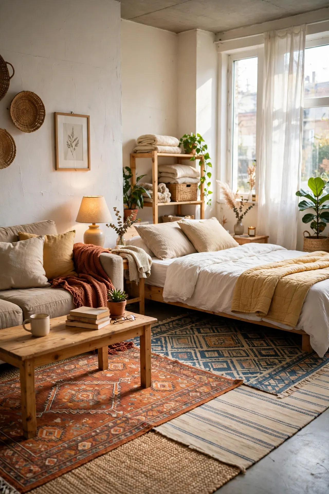 Layered rugs defining living and sleeping zones in a studio