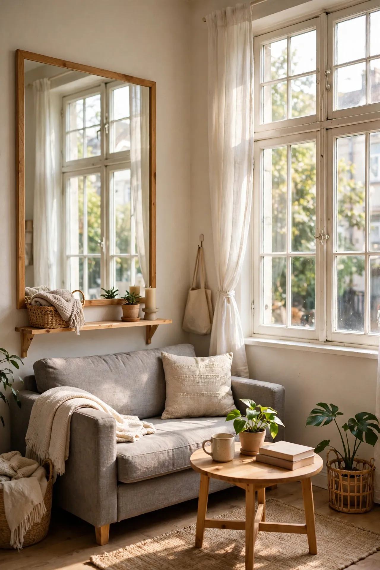 Large mirror opposite a window brightening a micro-apartment