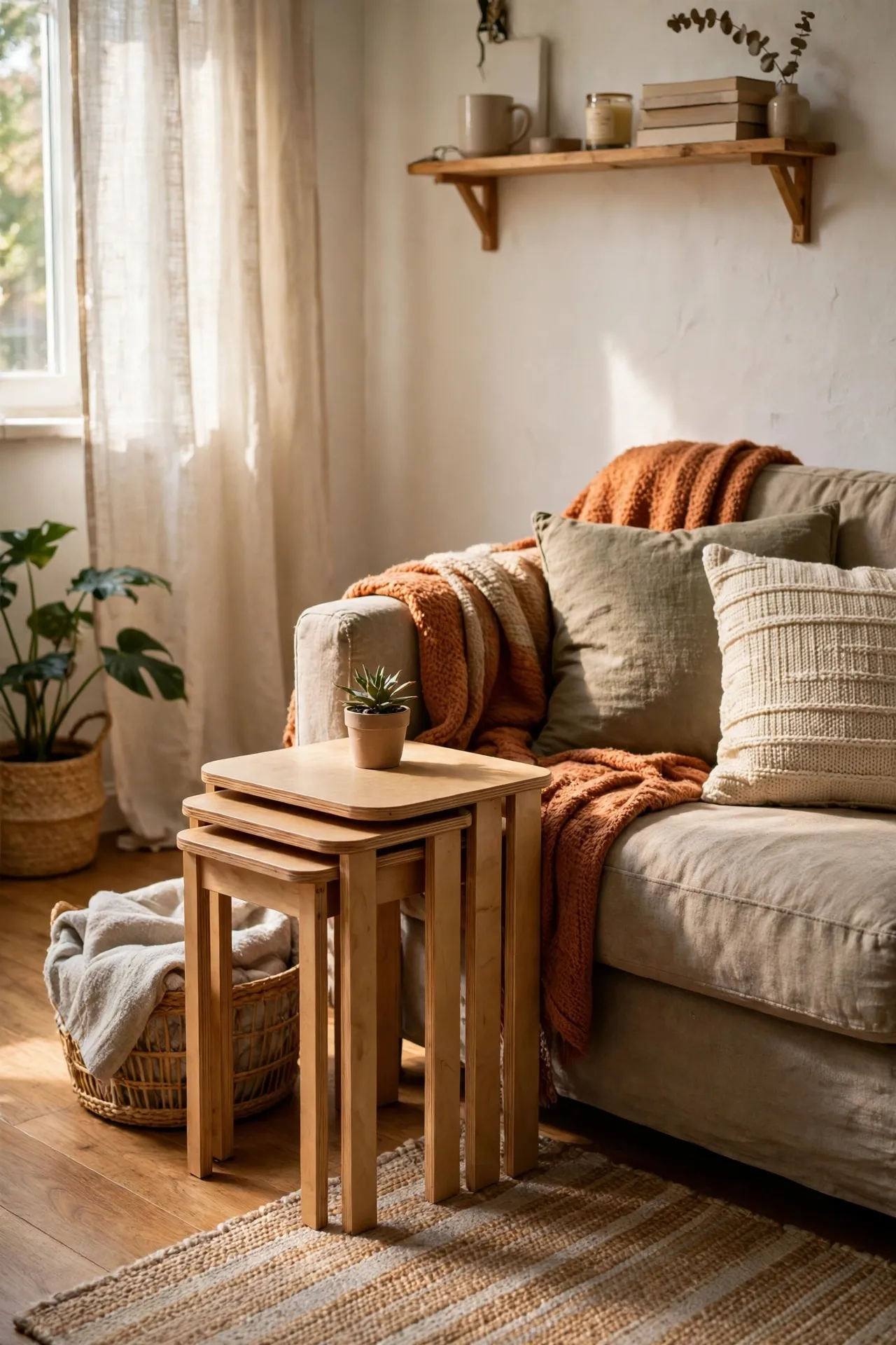 Nesting side tables stacked beside a sofa in a small apartment