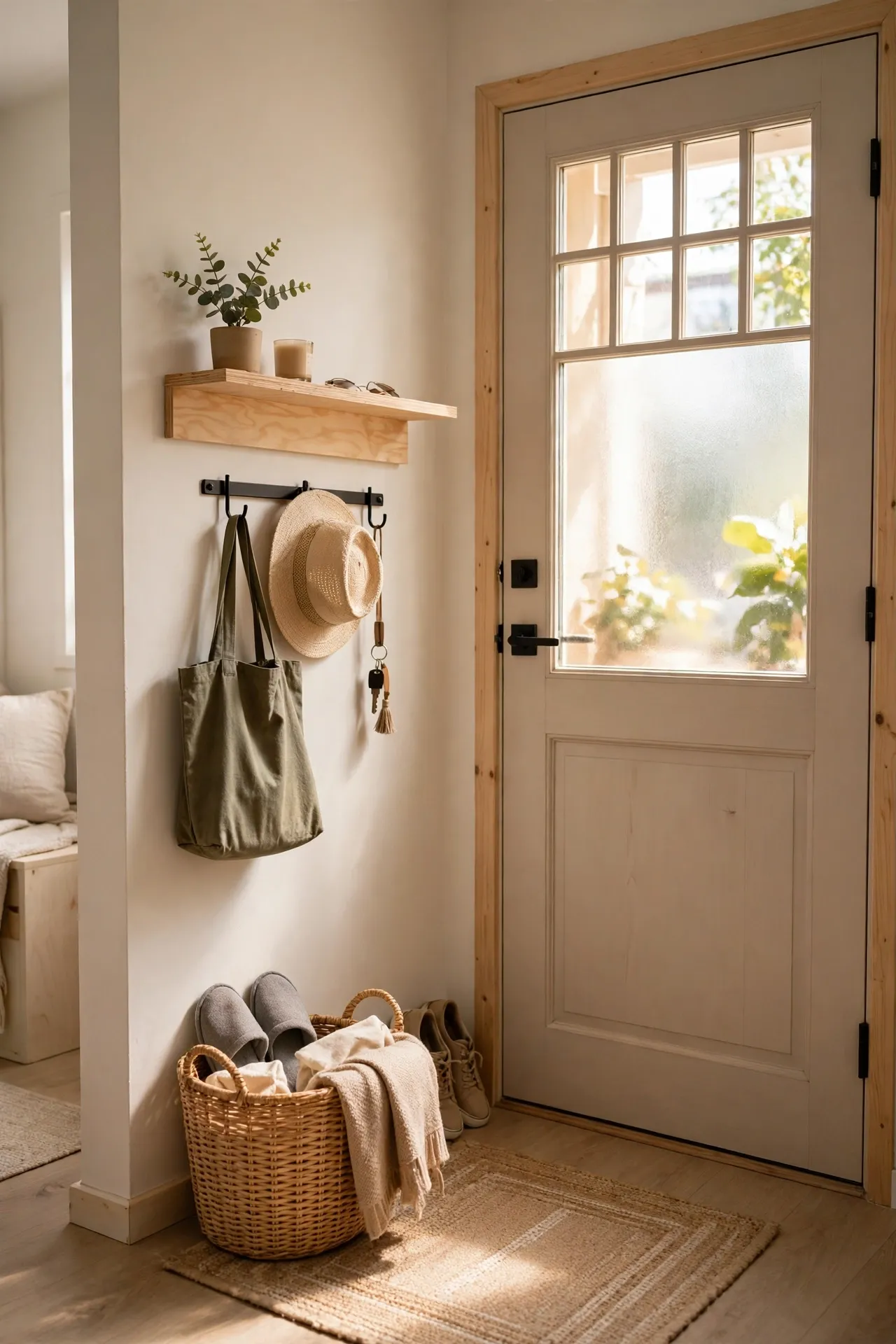 Woven reset basket by the front door of a tidy micro-apartment