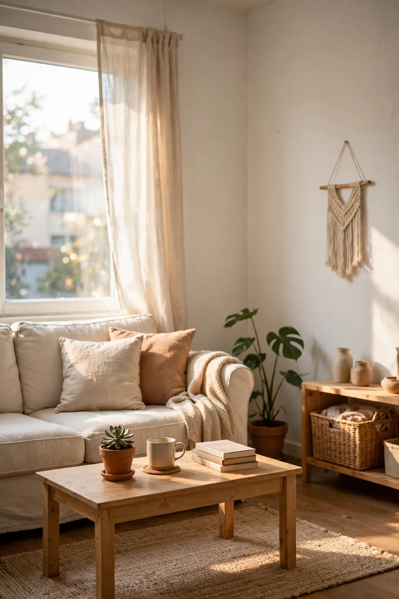 Small apartment living room with warm white walls and natural light