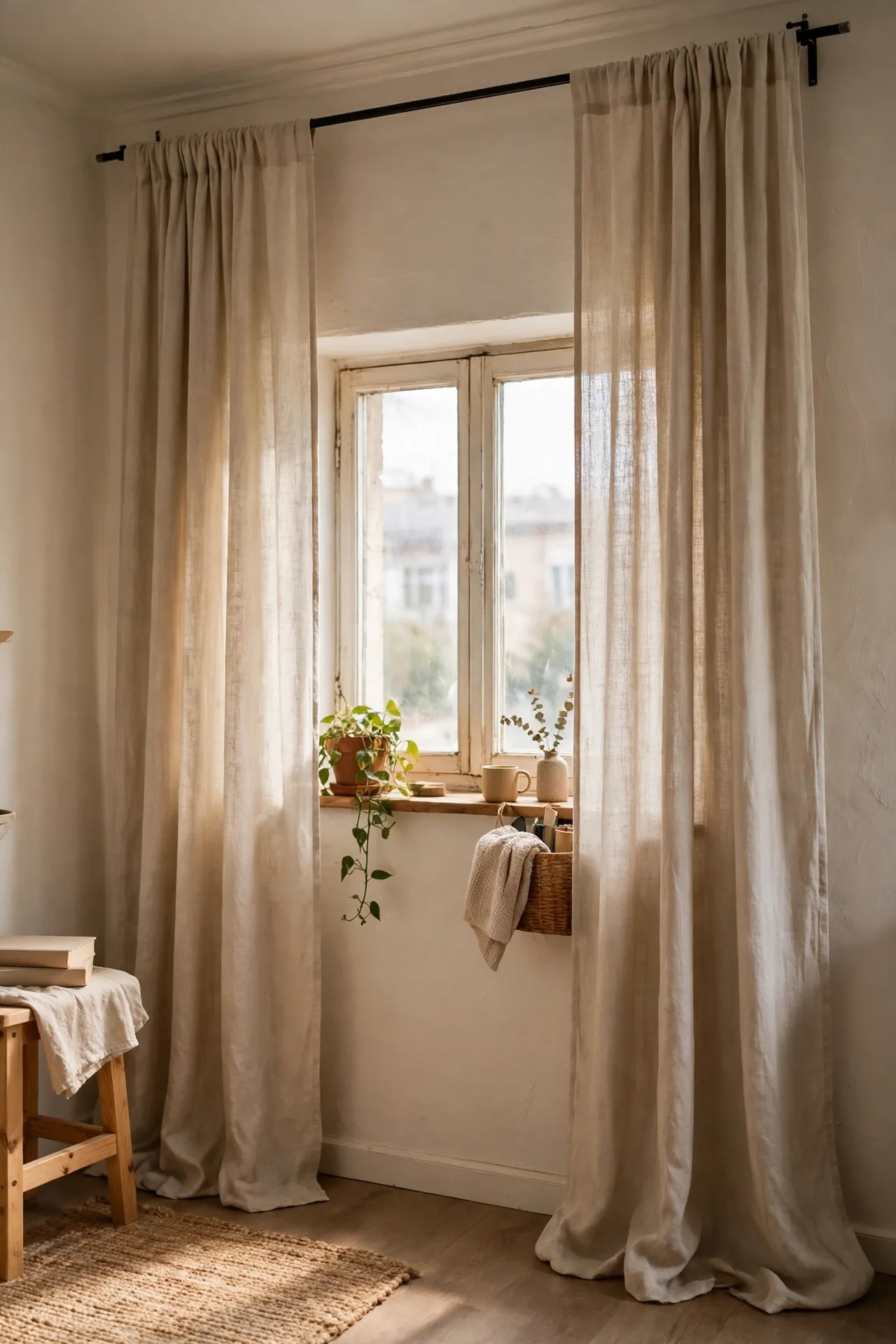 Floor-length light curtains hung high above a small apartment window