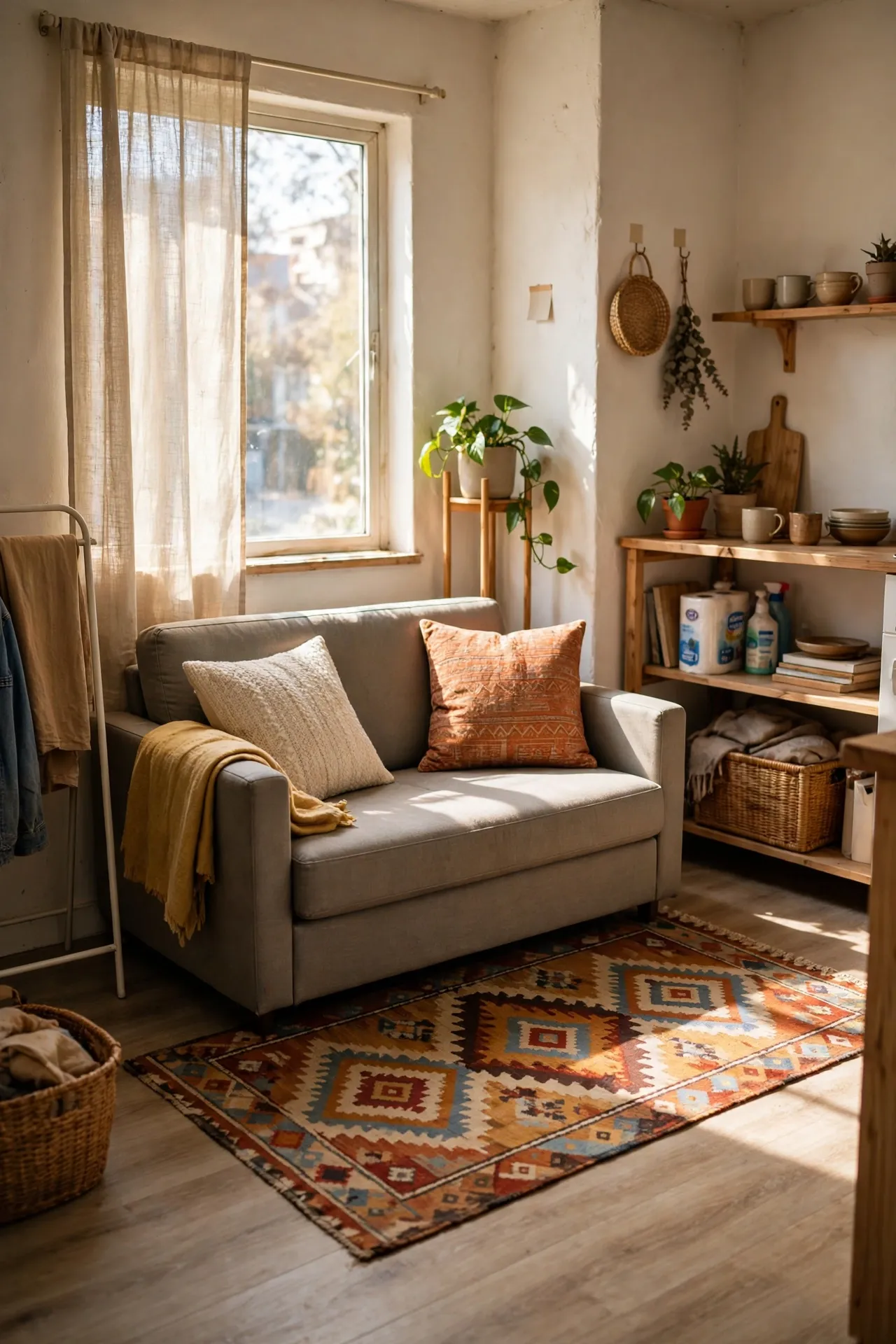 Cozy rug under a sofa defining the living area in a small studio apartment