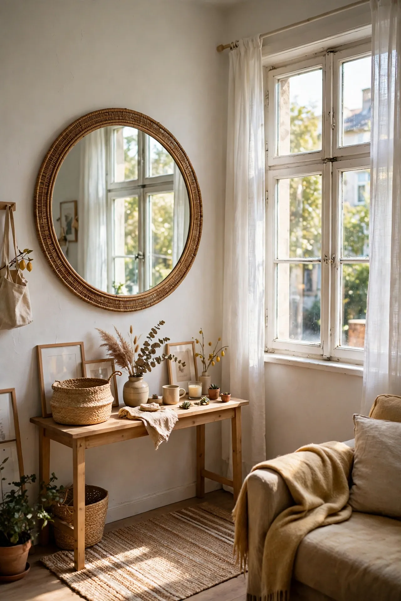 Large mirror opposite a window reflecting daylight in a small apartment
