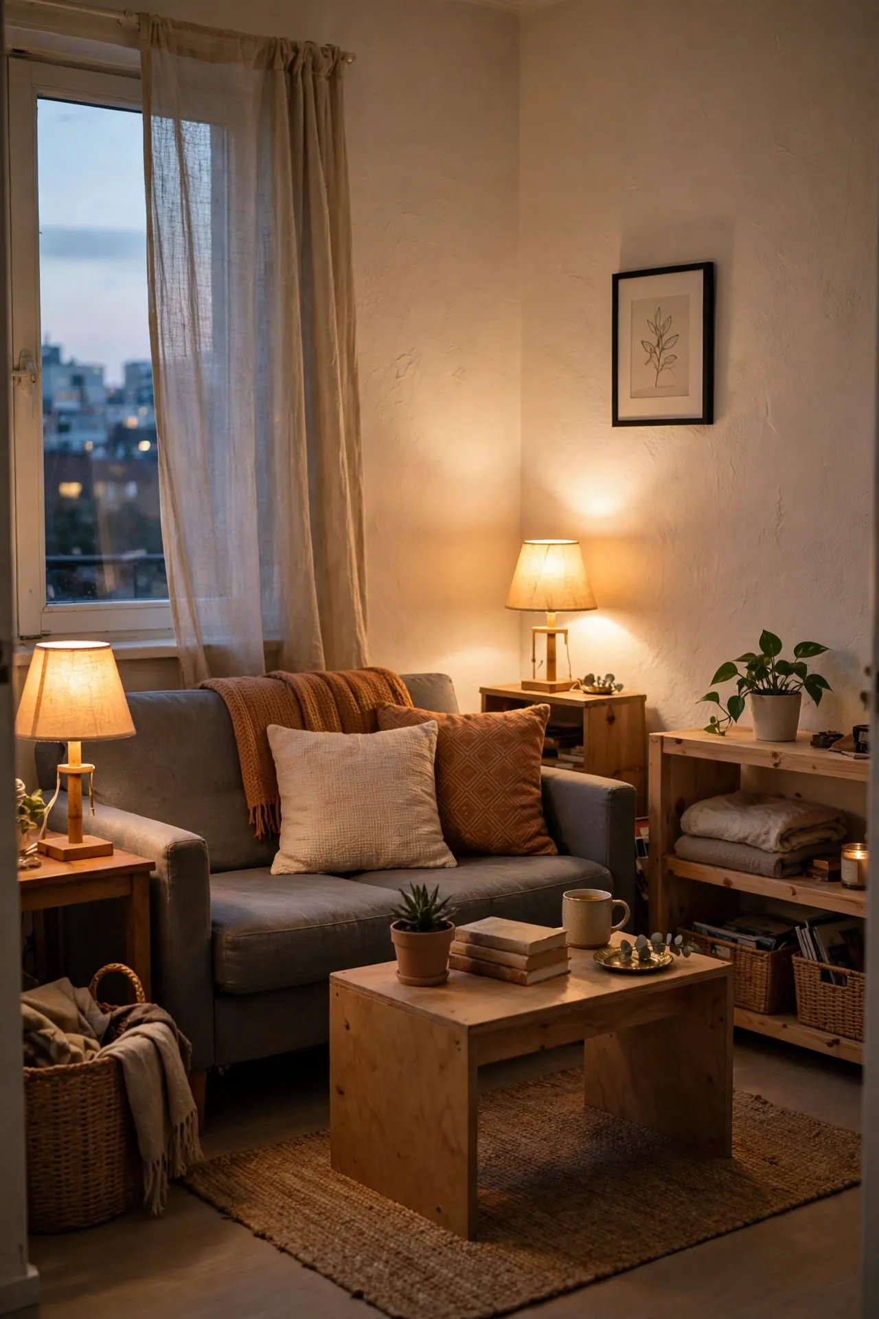Small apartment living room lit by warm table lamps in the evening