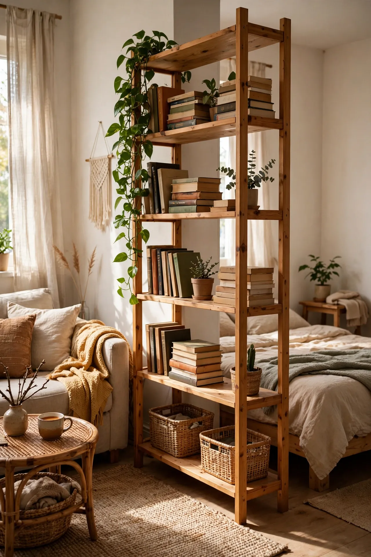 Open bookshelf dividing a studio apartment into living and sleeping areas