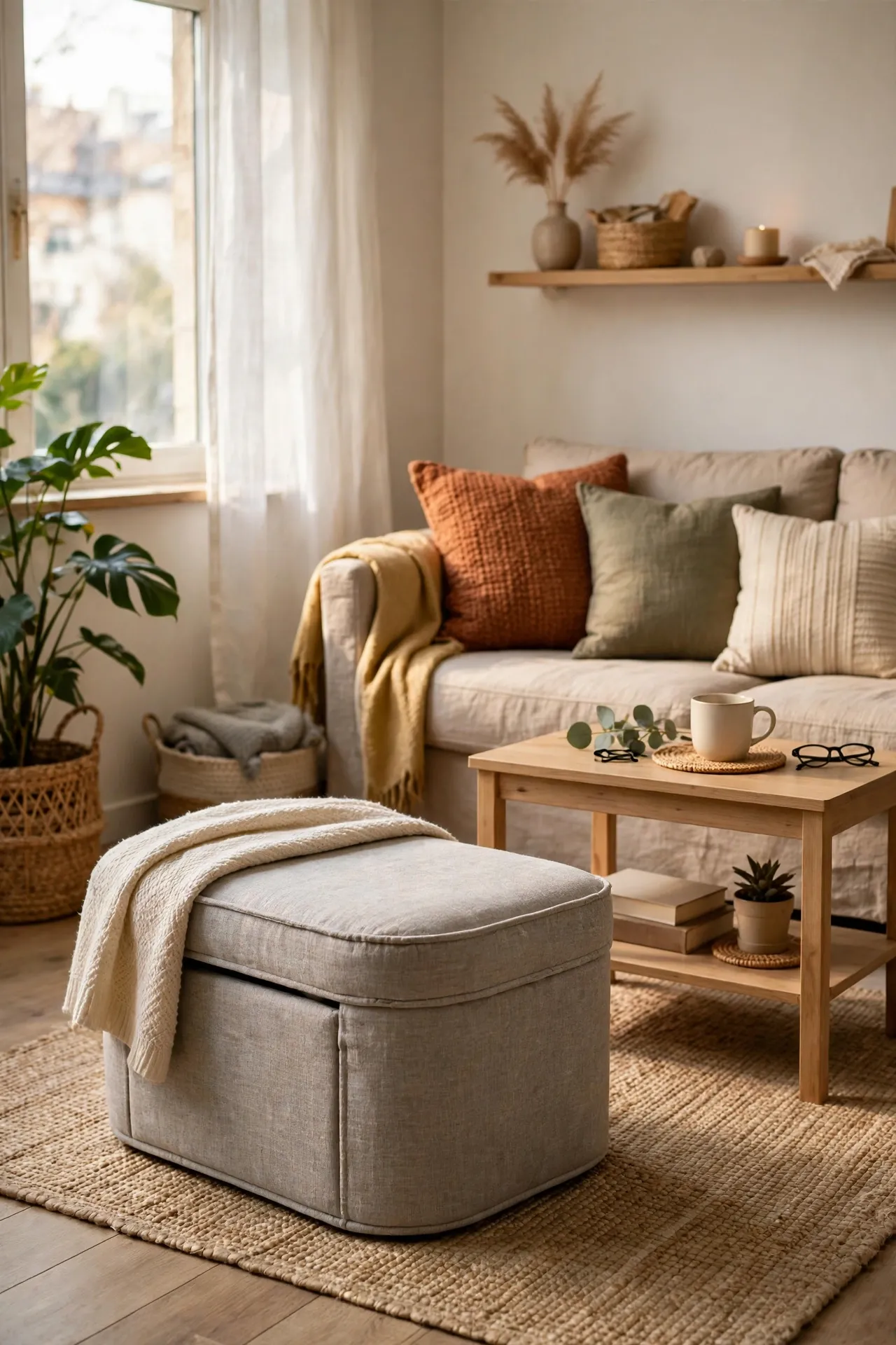 Storage ottoman and coffee table with shelf in a small apartment