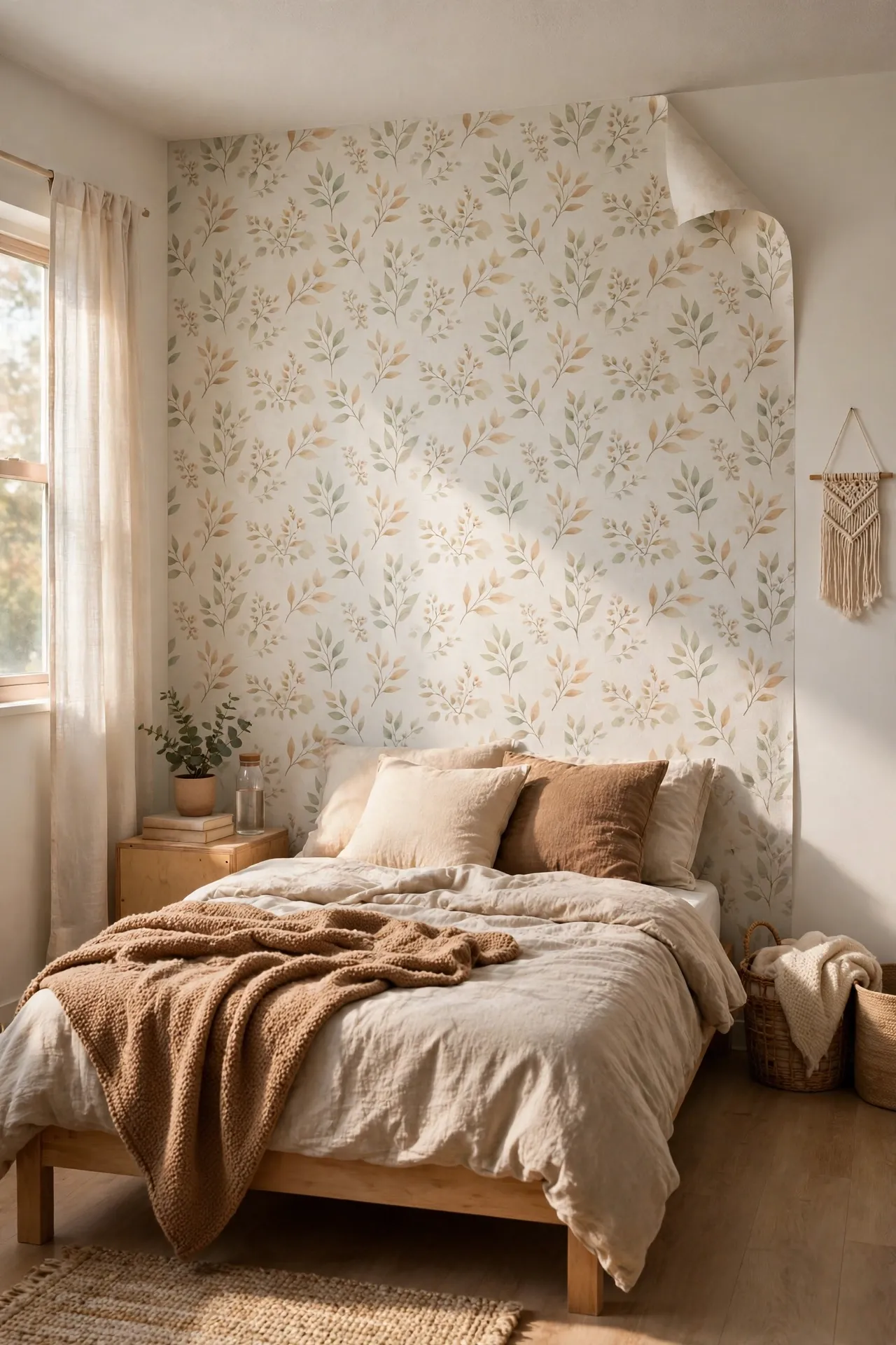 Peel-and-stick wallpaper feature wall behind a bed in a small apartment