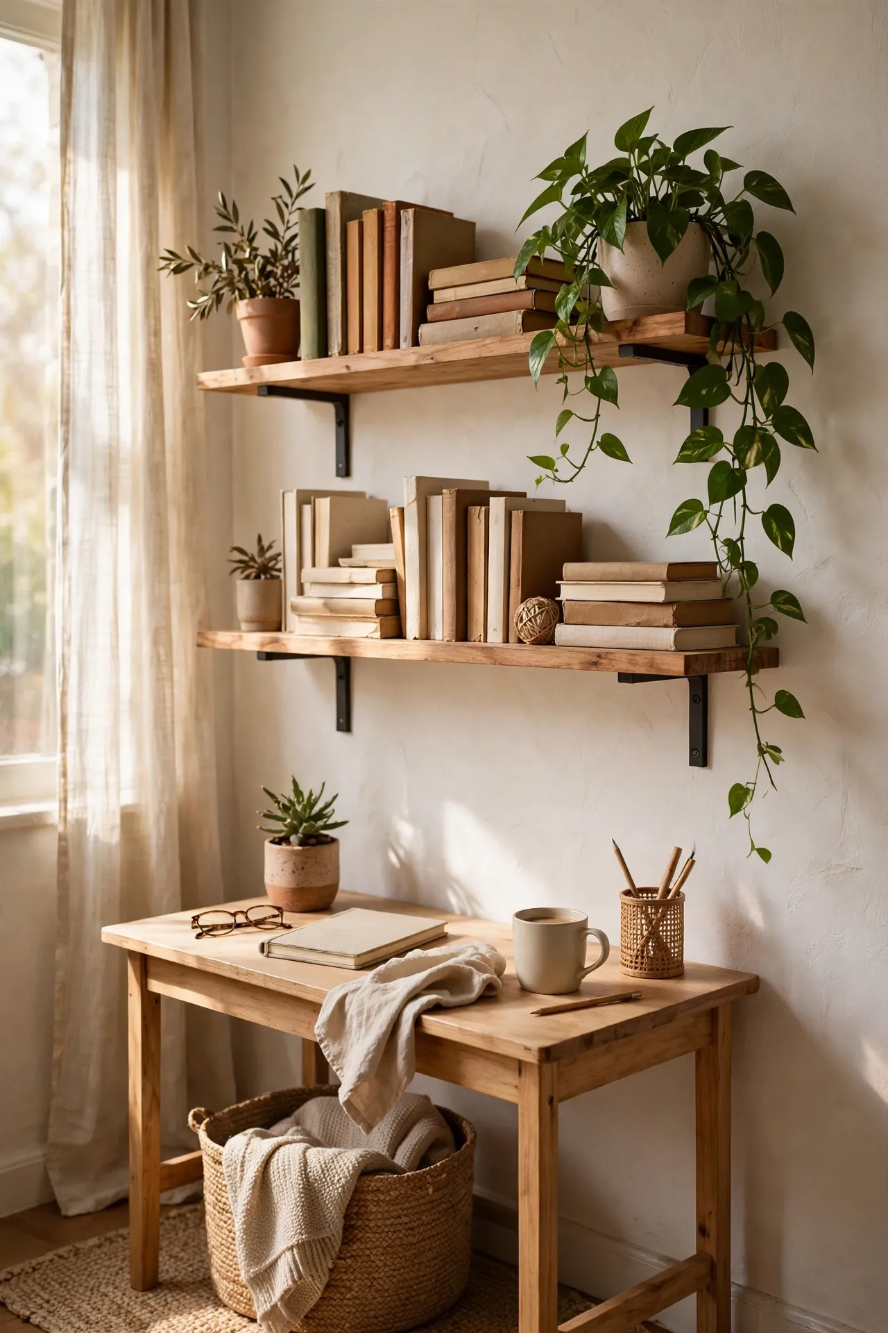 Wooden floating shelves with books and a plant above a small desk