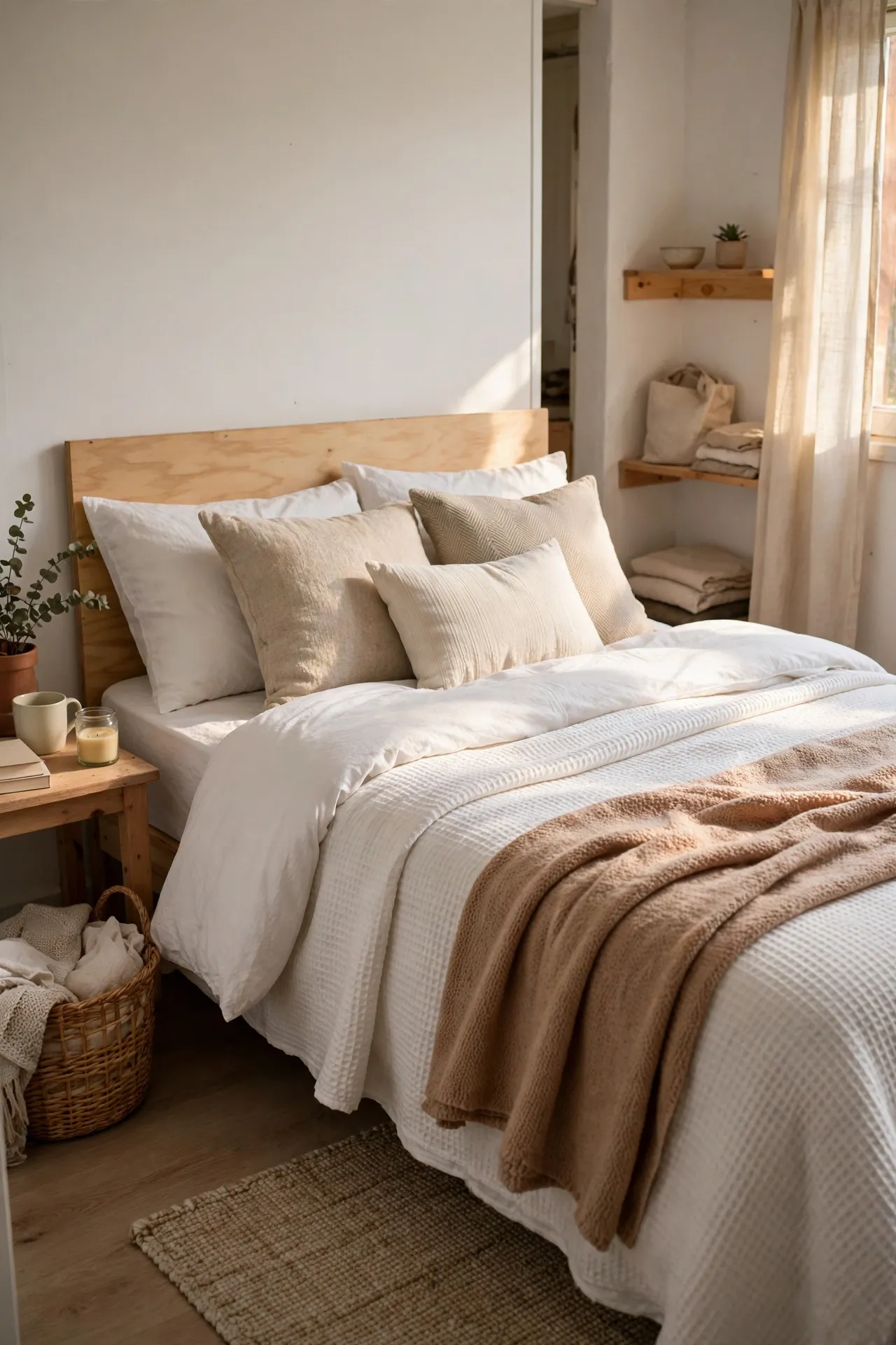 Neatly layered bed with white bedding and a folded throw in a small apartment