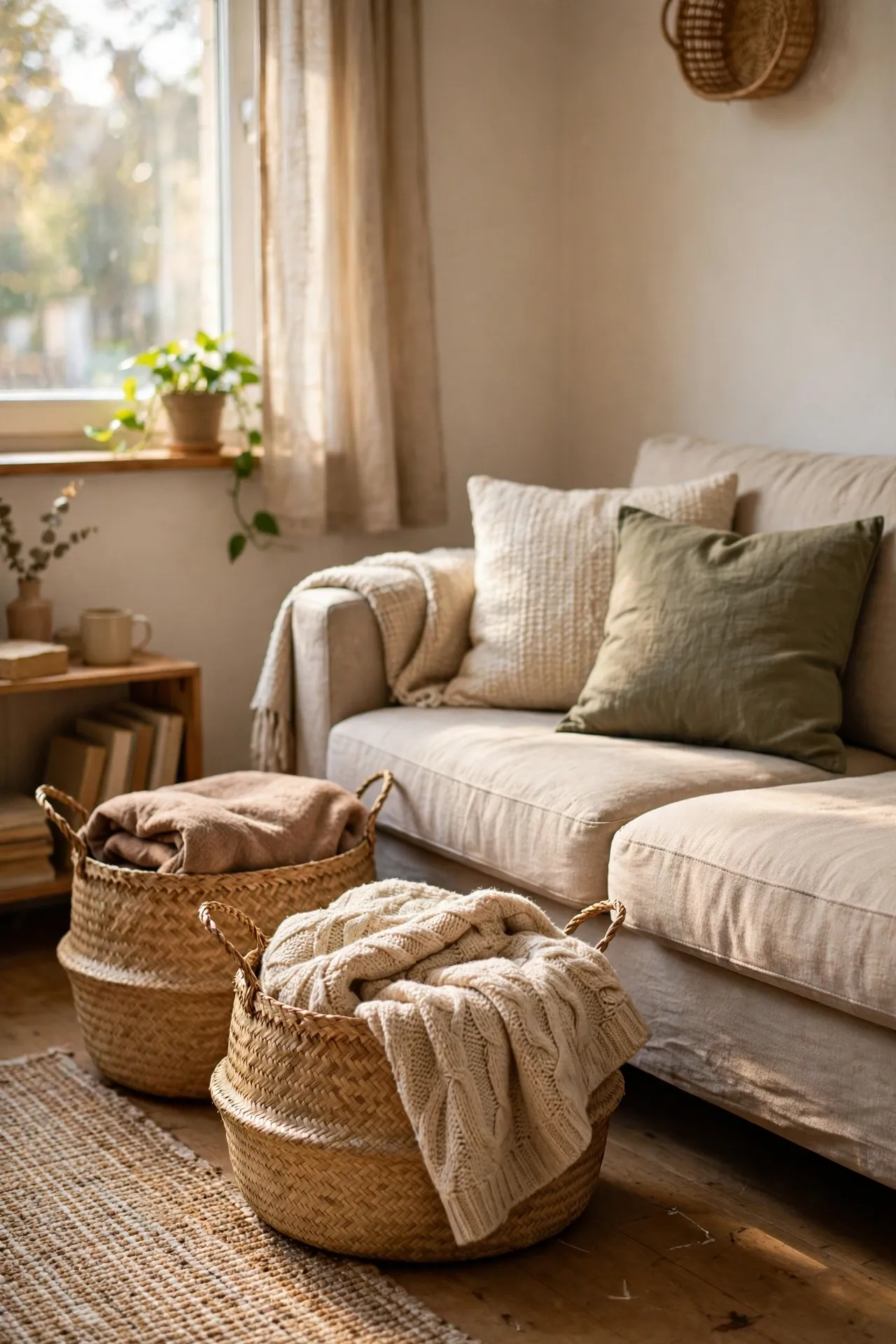 Natural seagrass baskets holding blankets and everyday items in a small apartment