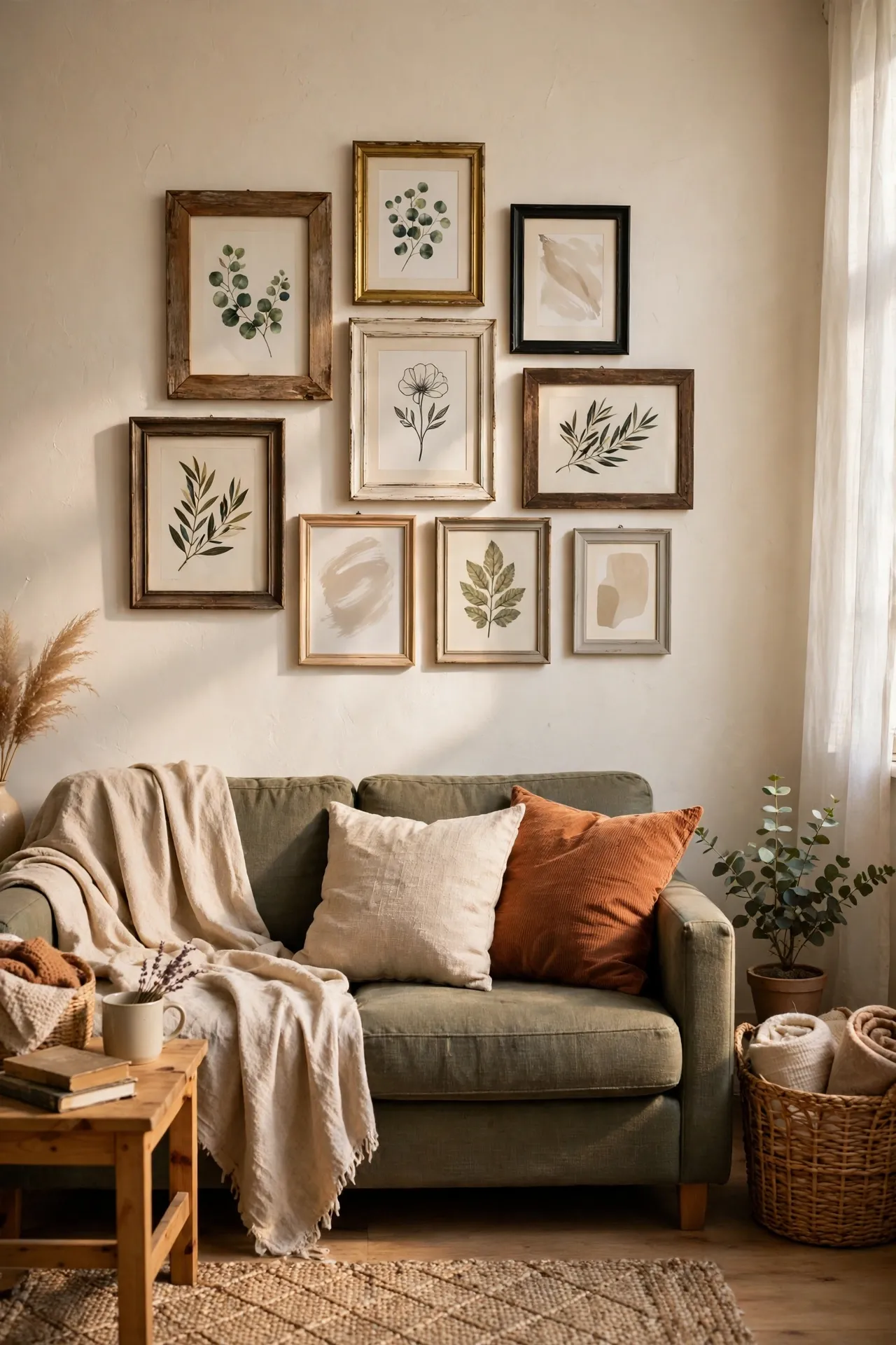 Gallery wall of mismatched thrift frames above a sofa in a small apartment
