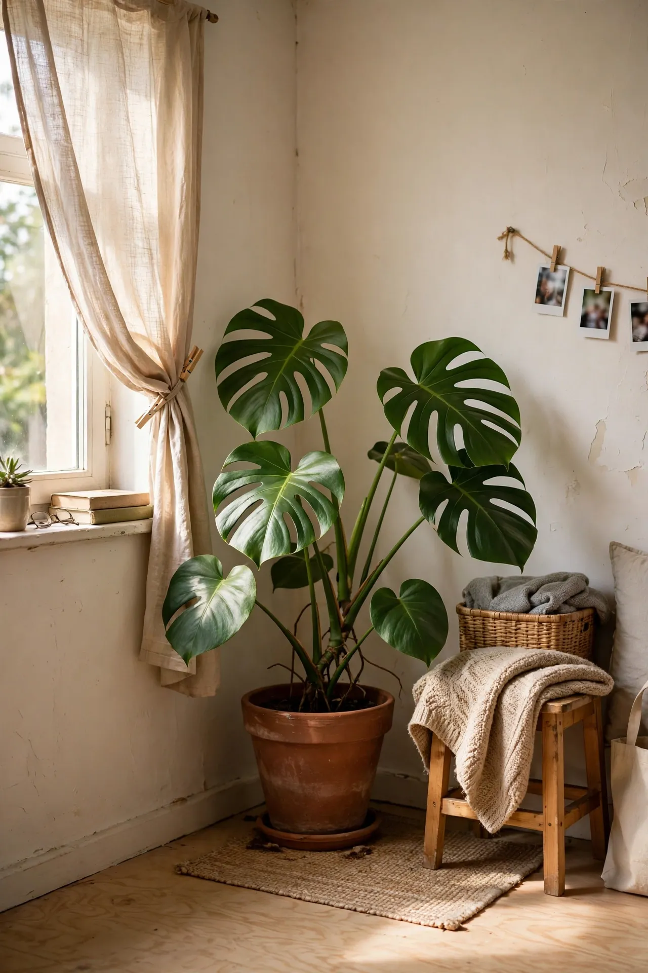 Large monstera plant in a terracotta pot in the corner of a small apartment