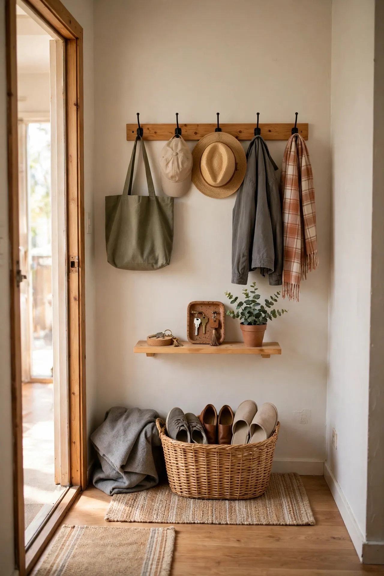 Tidy small apartment entryway with wall hooks, a key tray and a shoe basket