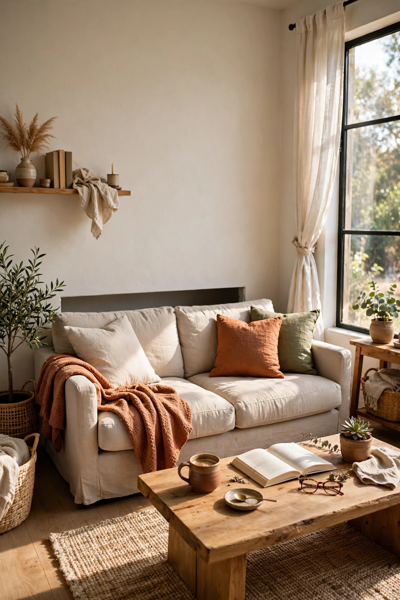 Small living room with sofa floated six inches off the wall creating depth