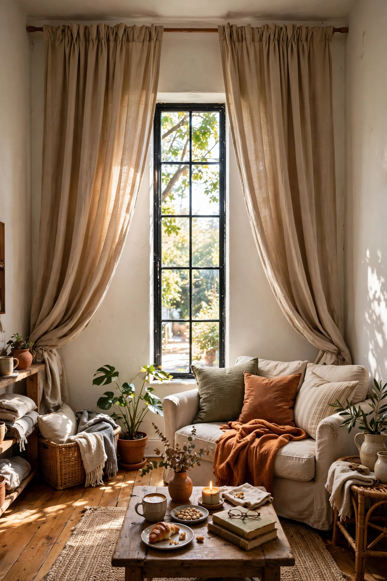 Curtains hung high and wide making a small living room window look taller
