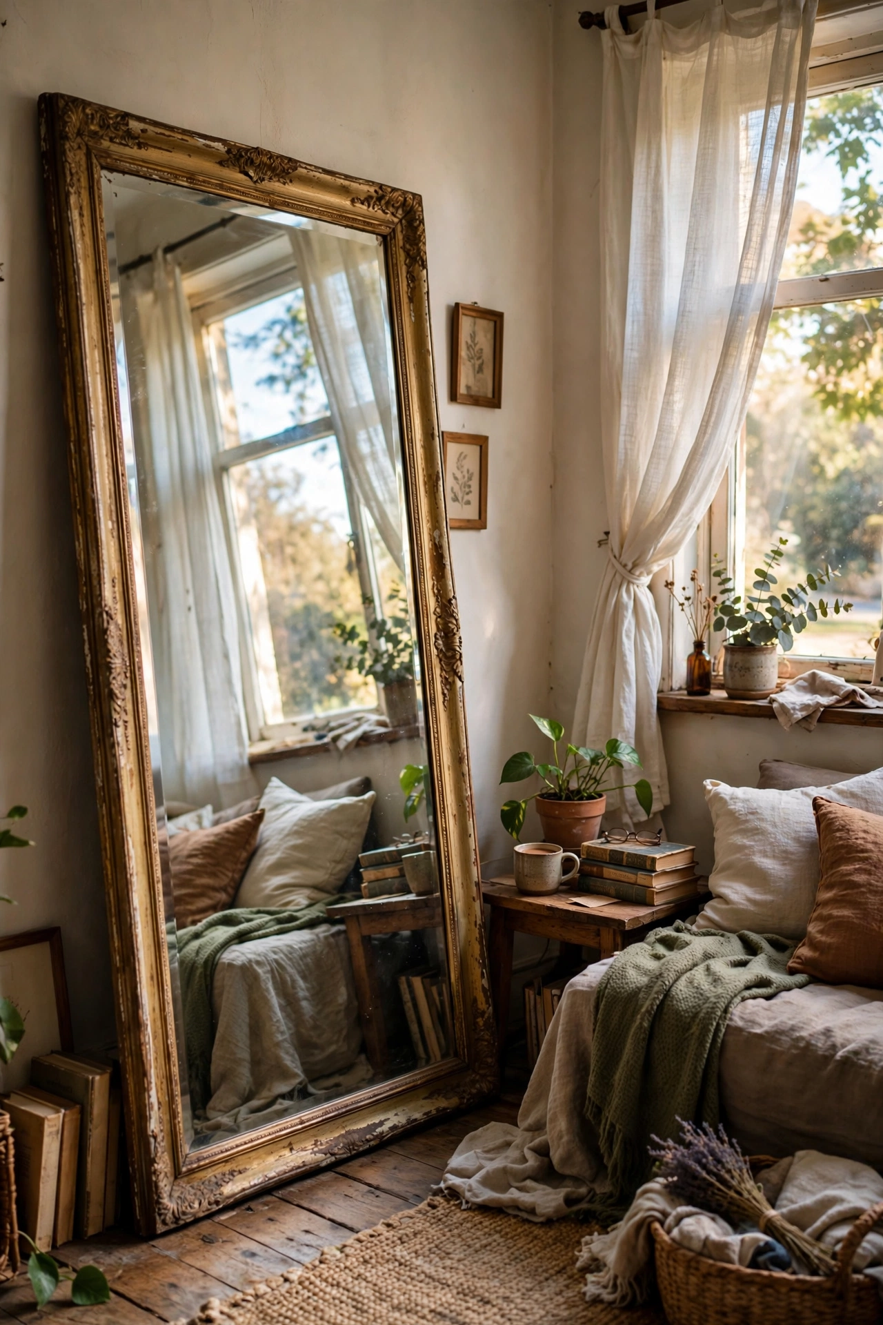 Large thrifted mirror leaned opposite a window doubling light in a small living room