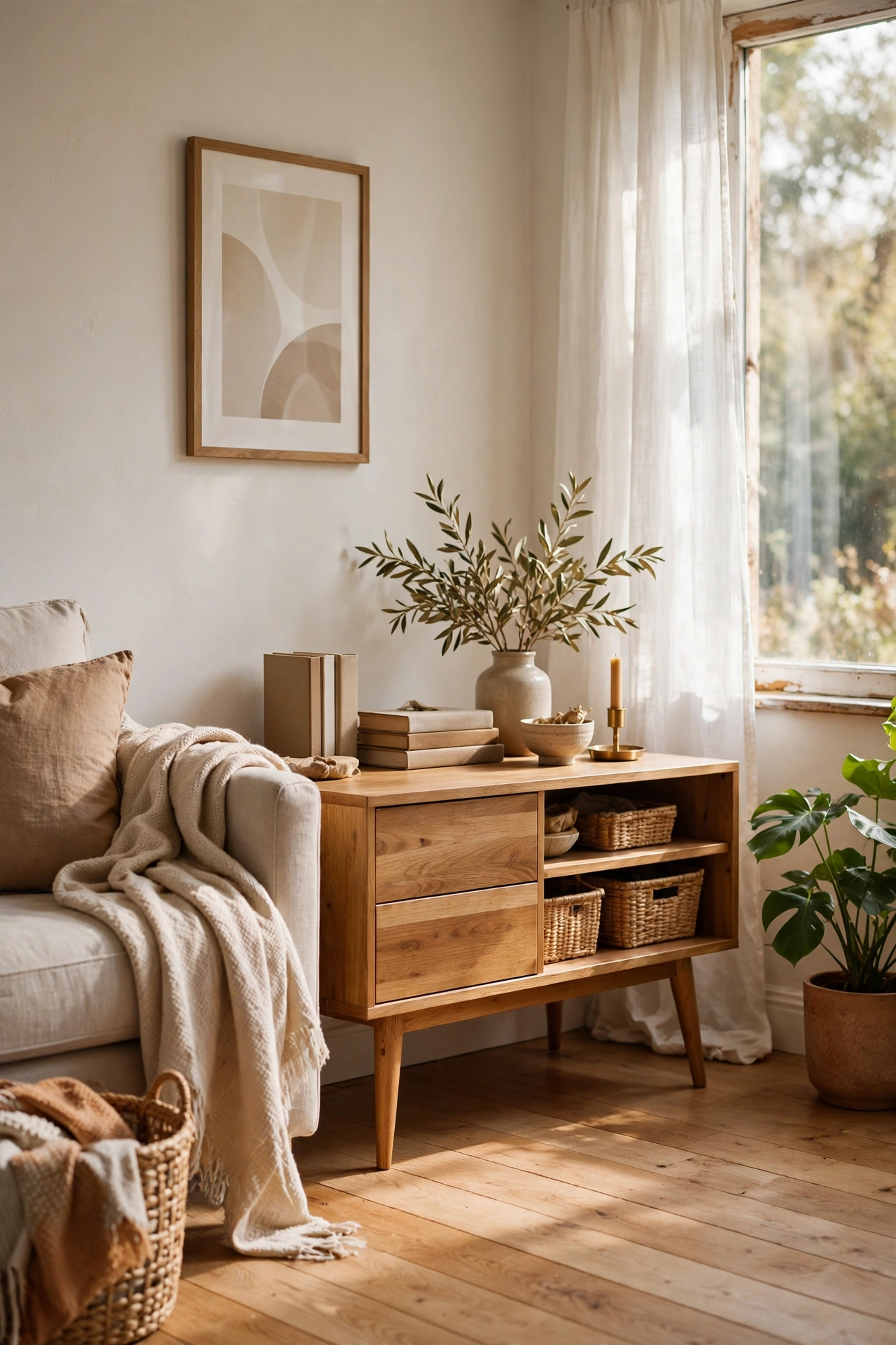 Mid-century media console on tapered legs showing floor underneath in a small living room