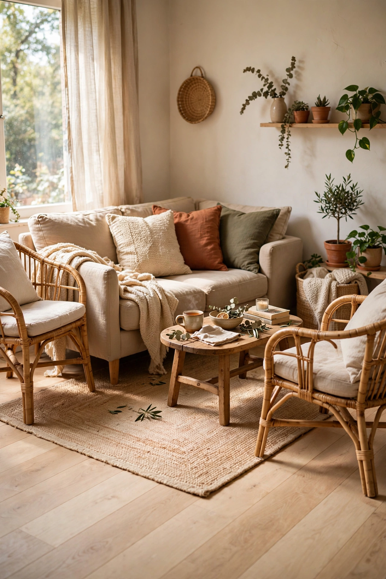 Light jute 5x7 rug under sofa front legs brightening a small living room floor