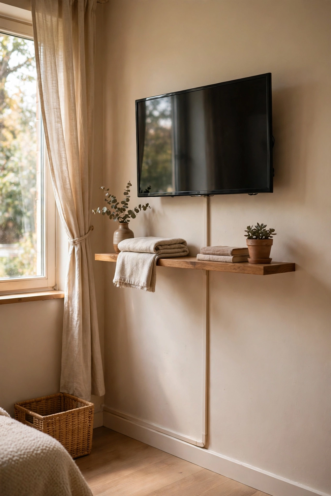 Wall-mounted TV with slim floating shelf freeing floor space in a small living room