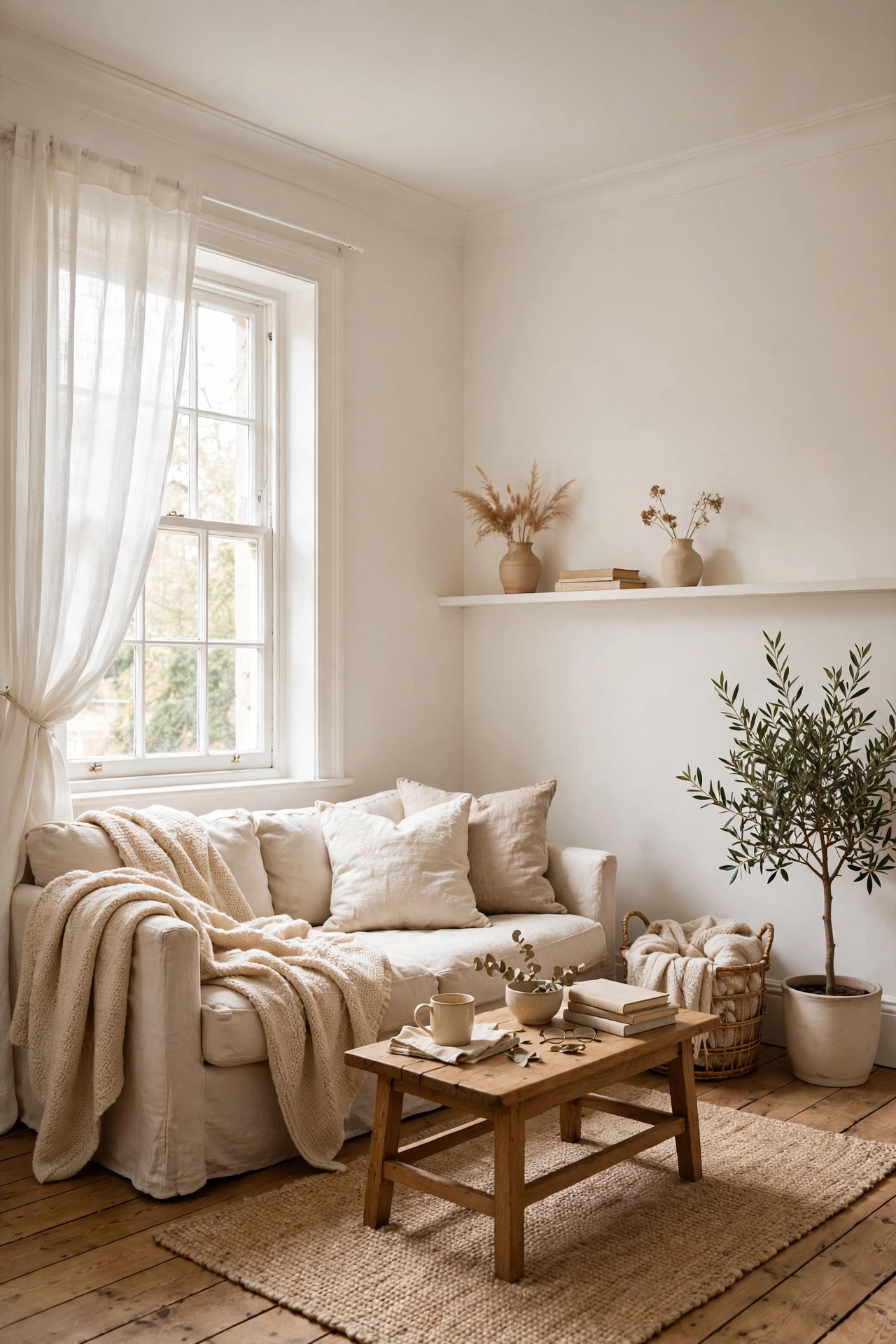 Small living room painted one warm white color on walls trim and ceiling