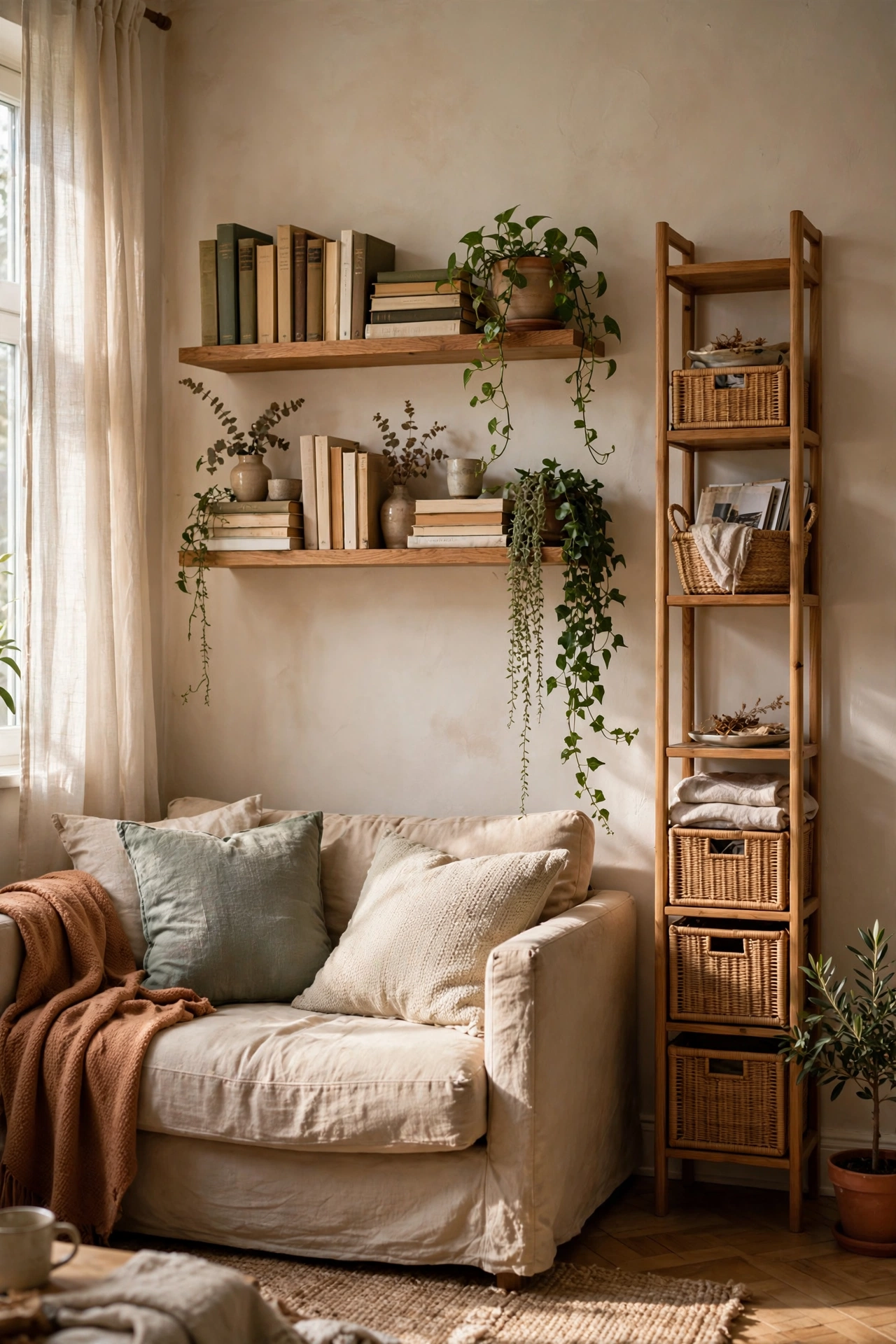 Floating shelves above a sofa holding books and plants in a small living room