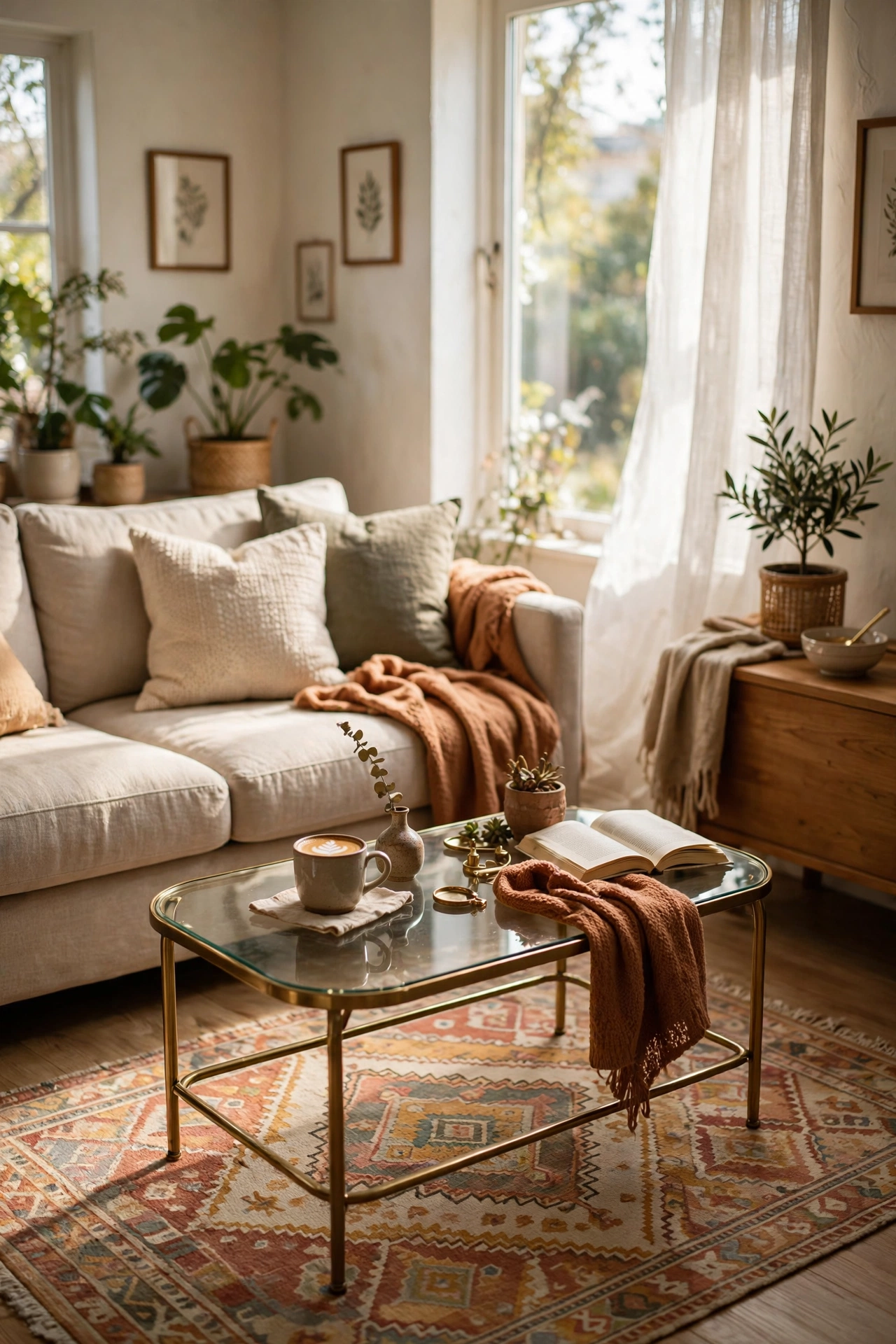 Glass-top thrifted coffee table showing the rug through it in a small living room