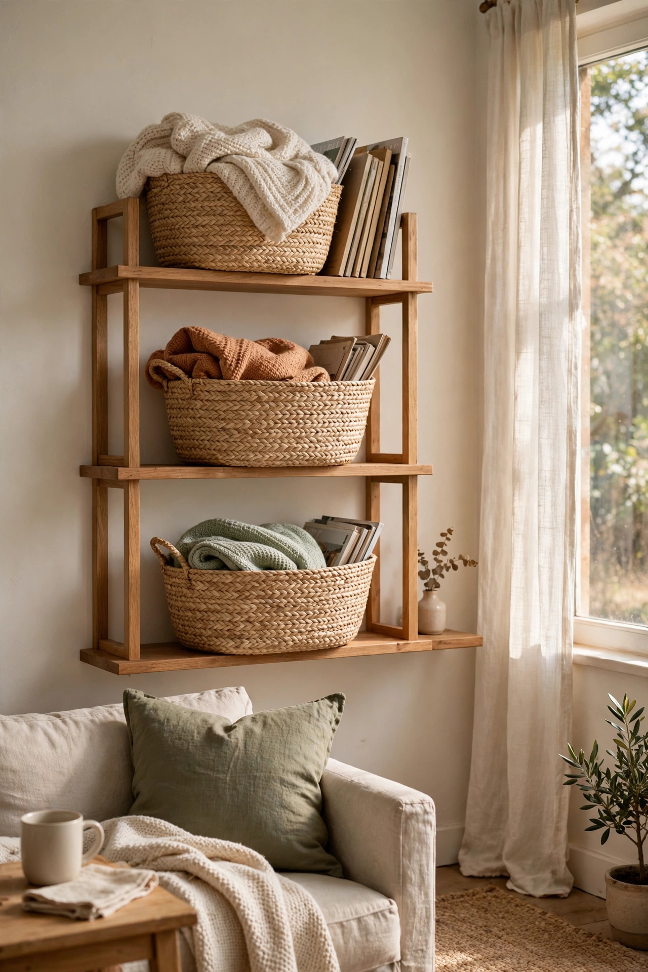 Matching seagrass baskets corralling clutter on shelves in a small living room